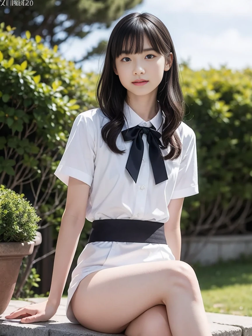 High resolution、High resolution、In 8K、RAW Photos、Highest quality、masterpiece、1 girl in her 20s, Wavy Hair,Japanese high school uniform、Sit with your legs apart、M-shaped legs、Showing her ass、White panties、 Anatomically correct,bangs、Waist、thigh