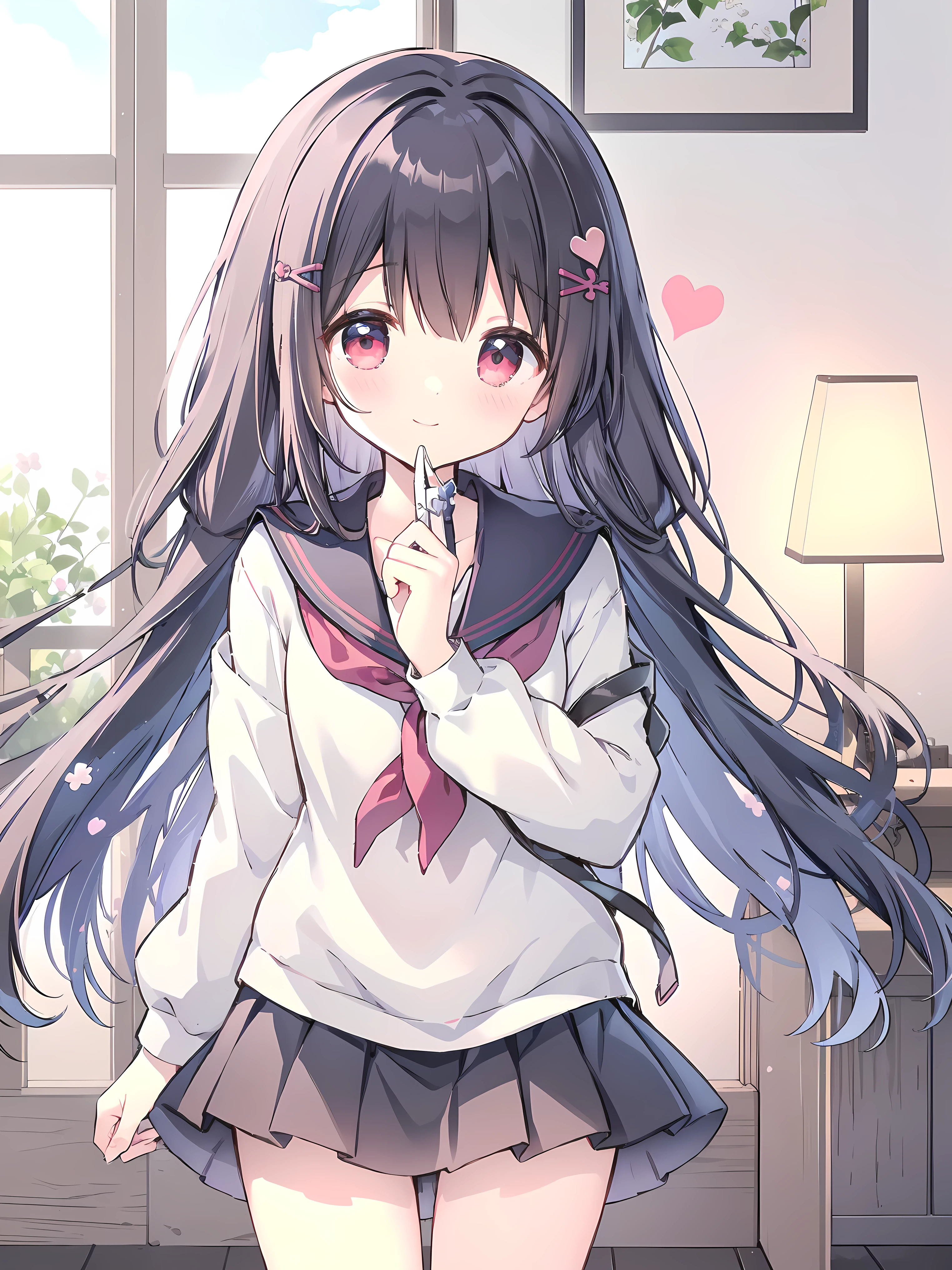 Nardack style lora,  a soft and dazzling high school girl , her short stature is cute little ,  her hair is dark black and her eyes are amber red , The high school girl is wearing a summer sailor uniform, (((Showing love to the viewer.))),  smiling softly to the viewer, has an aura of motherhood , close up