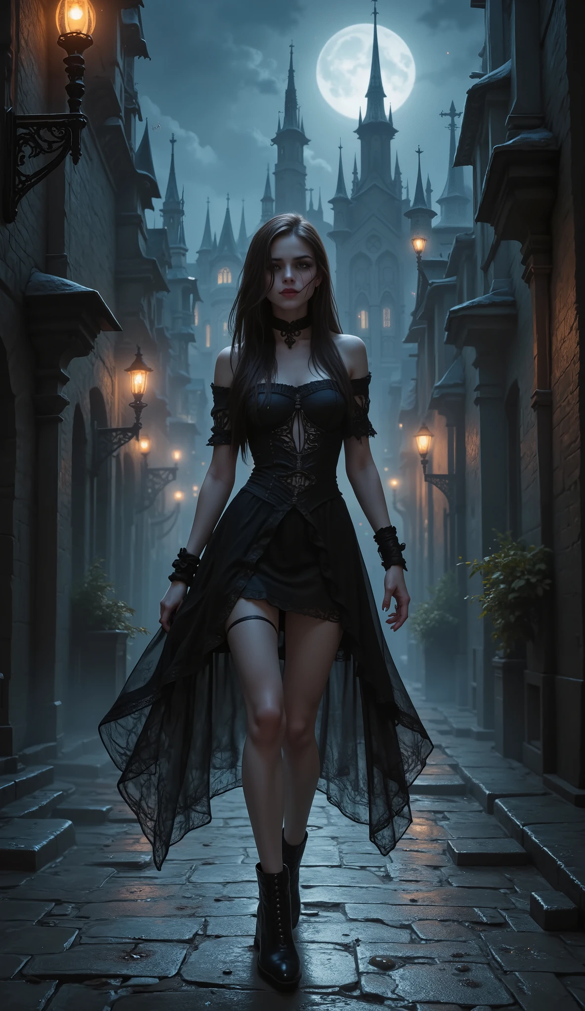 aa picture of mist covered female vampire, ((you see only glimpses of her body:: 1.5)) a pair of ((glowing eyes: 1.3)) through the mist, high heels, black high heels, glamour dress, dynamic color dress, fantasy dark alley background, torchlight, (best details, Masterpiece, best quality :1.5), ultra best realistic pictures , best details, best quality, 16k, [ultra detailed], masterpiece, best quality, (extremely detailed), ultra wide shot, photorealism, depth of field