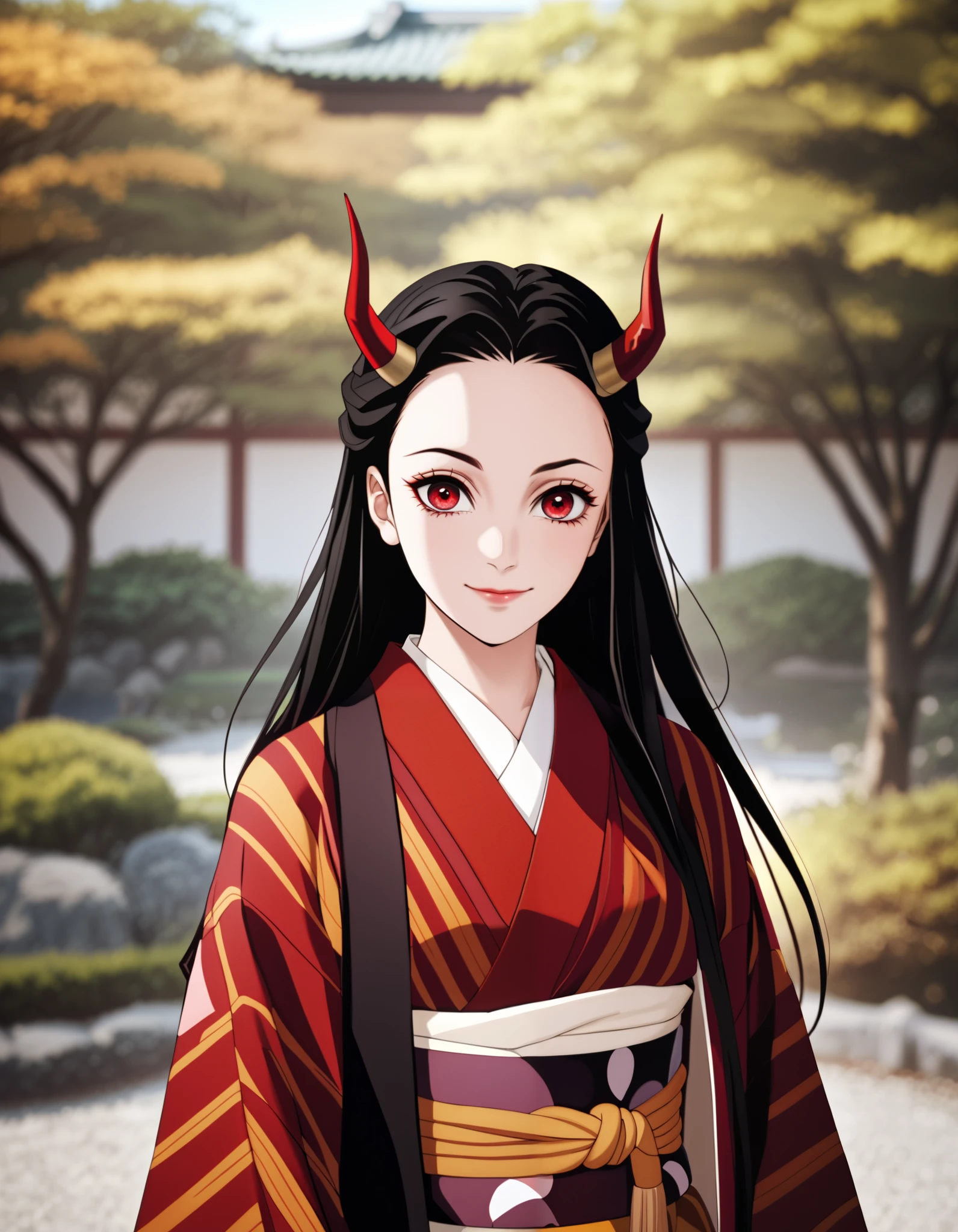 score_9, score_8_up, score_7_up, (Demon Slayer, Kimetsu no yaiba style), (nezuko kamado), (1girl, solo), 20years old, upper body, (black long hair, smooth straight hair, asymmetrical parting hair:1.1), forehead, red eyes, (red demon horns:1.4), kimono, smile, (front view, looking at viewer), (standing in the Japanese style garden, scenery)