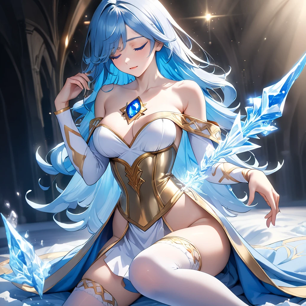 Throne room, (Throne), (Rem from Rezero) sitting at the throne,short haircut, blue hair, shiny Crystal lingerie with bright light effect, Diamond crown, Translucent High reels, beautiful Celestial, Masterpiece, Detailed, Sitting looking at the viewer. light focus on the body, reflection, white lens flare