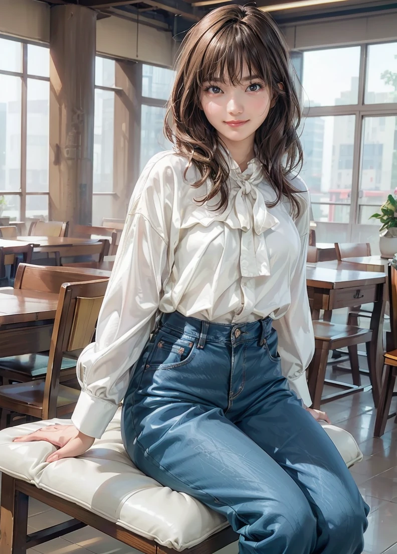 detailed face, cute face,brown eye, (from below) , master piece , best quality , woman , blouse , short denim