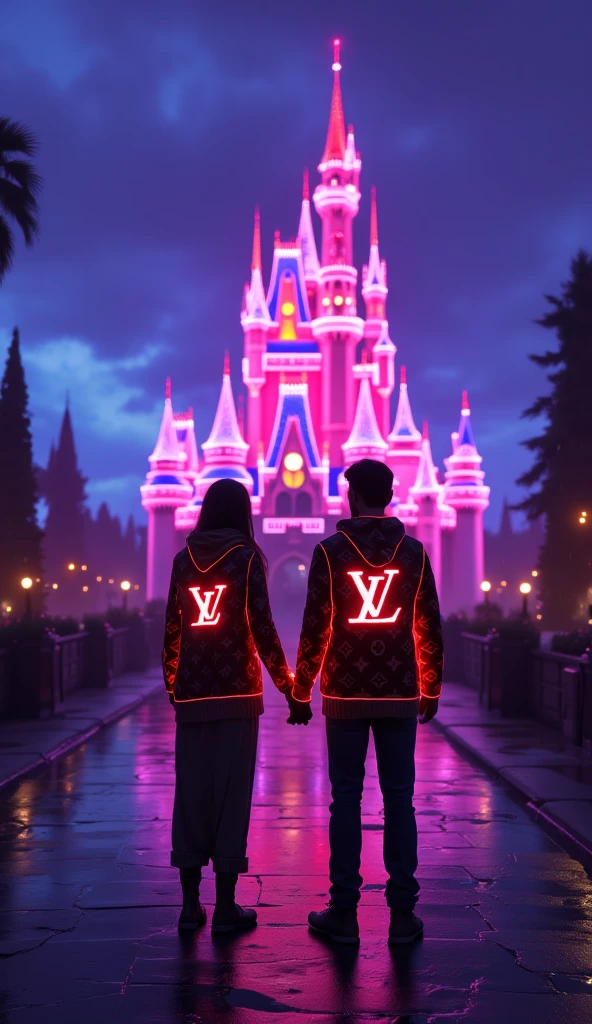 8K quality、Highest quality、Realistic, Image of a male and female couple、Disneyland in the background、Angle from behind、The neon lights are beautiful、Arms crossed、Stylish clothes、The man has fluorescent writing on the back of his clothes.、NORIO logo printed on men's clothing bags、For women, The back of the garment is fluorescentAThe word SAMI is written on it、British punk rock style、Make the text on the back stand out、(((((Male and female couple)))))
