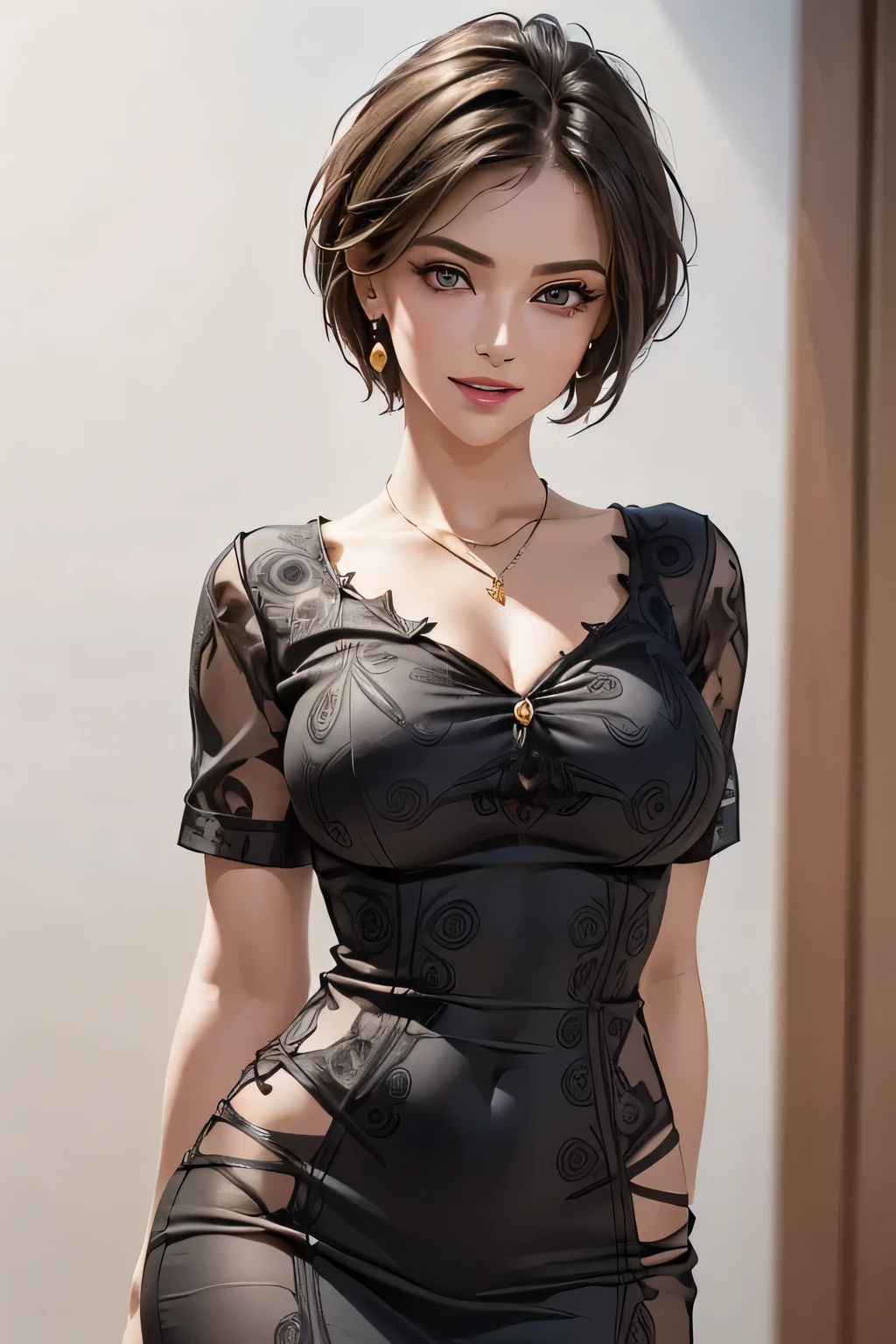 standing against the wall, aroused necklace, earrings, full body, short brown hair, queen dress, glasses, superb, ultra-high-definition, RAW photo, realism: 1.25), (bright lip gloss, long eyelashes, smooth face, bright skin, natural shadows, wide light, wide light, depth of field, strong colors, subtle caustics: 0.8), smile, (big tits), v6