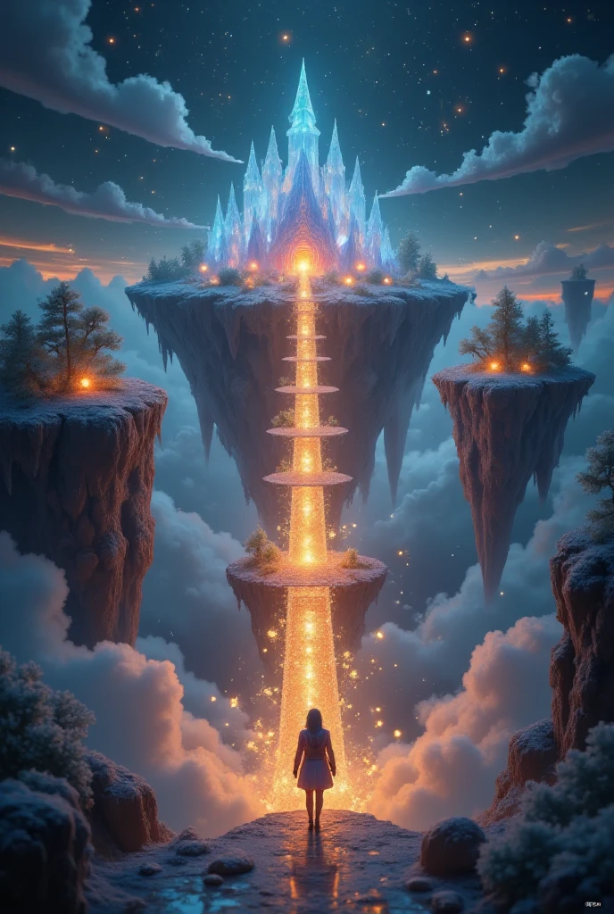 A magical world above the clouds {x} is connected by glowing bridges ,Floating islands drift peacefully , A magical forest composed of bioluminescent trees . A majestic crystal castle shines in the twilight sky , Surrounded by a magical forest of bioluminescent trees . The gentle fog and sparkling water reflect celestial light , , creates a surreal and serene atmosphere . A lone traveler walks , , every step , Imagine the magical light .