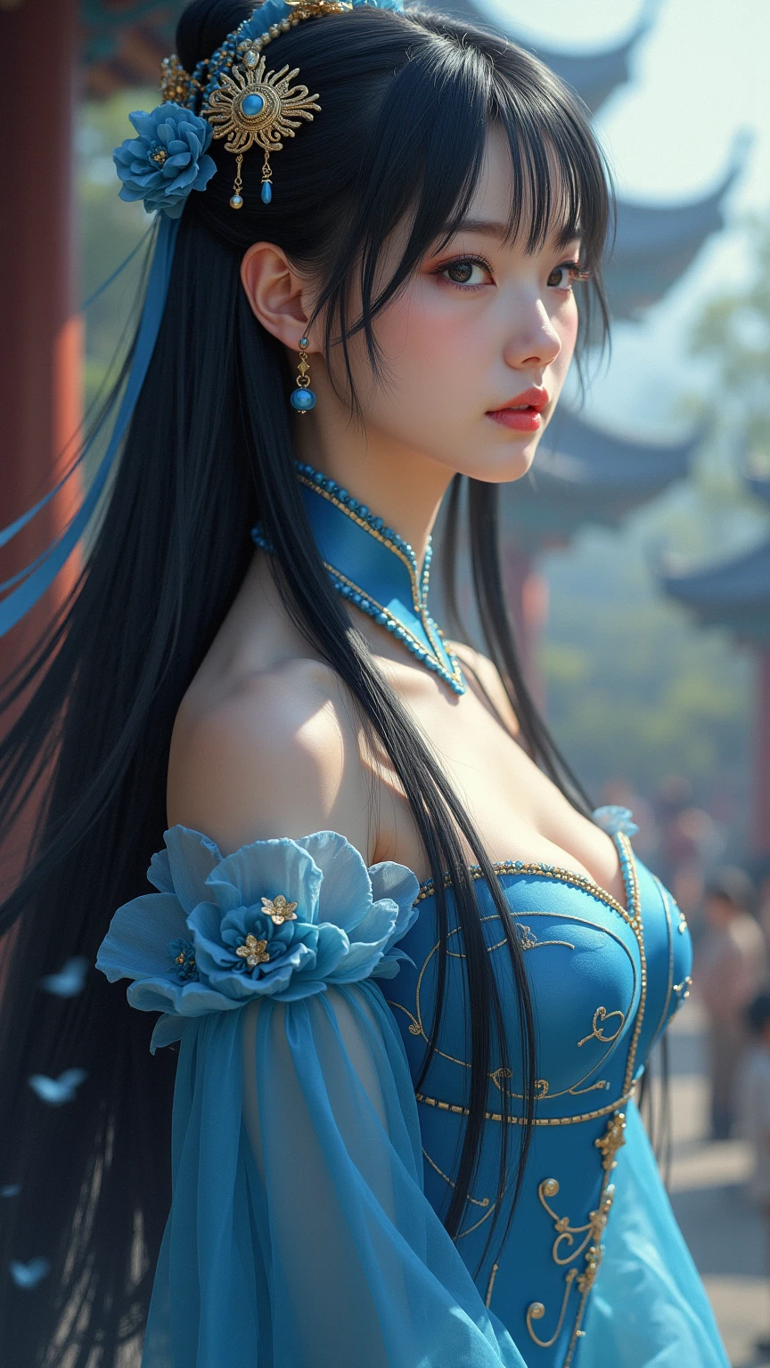 Exquisite and delicate Chinese Hanfu，short black hair，Naturally straight hair，exquisite craftsmanship，good facial features，Unparalleled beauty，softness，fantastic quality，Real light and shadow，super fine black hair，doesnt wear clothes，She wears beautiful hair accessories，Exquisite oval face，delicate skin，street，Blue sky and white clouds，cover，spiked，collar，Super detailed pictures，glowing light，natural soft light，complex，4K，natural and moving，actual，super high resolution naked