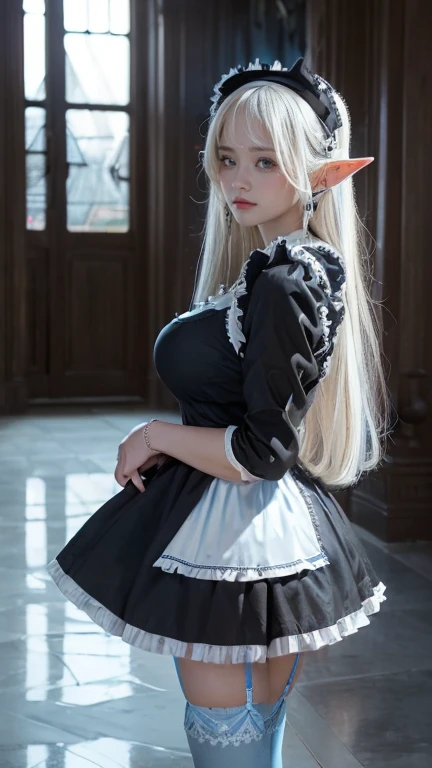 in the style of Artgerm and Adam Hughes, a sexy Alice in Wonderland with blonde hair with a black bow in her hair, blue dress with white apron, white stockings, cleavage, dynamic, ultra high def, 32k,