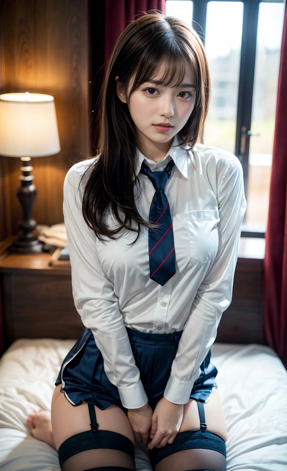 (table top, highest quality:1.4), beautiful face, 8K, 85mm, absurd, in front、((dark hotel bedroom))、(((Schoolgirl uniform:1.4)))、Chemise gets wet with sweat and sticks to the skin、wet skin、 ((cowboy shot:1.5))、violaces, gardenia,The Girl of、 (((full nude:1.4)))、((No bra:1.4))、((not wearing panties(:1.4)))、(((No underwear:1.4)))、((detailed female genitalia:1.4))、((Thin pubic hair grows:1.4))、((beautiful breasts:1.4))、delicate girl, alone、((side ponytail))、night, looking at the viewer, Upper body, film grain, chromatic aberration, sharp focus, face light, professional lighting, Sophisticated, (troubled expression:1.4), ( background, Bokeh background:1.2), details face、camel toe