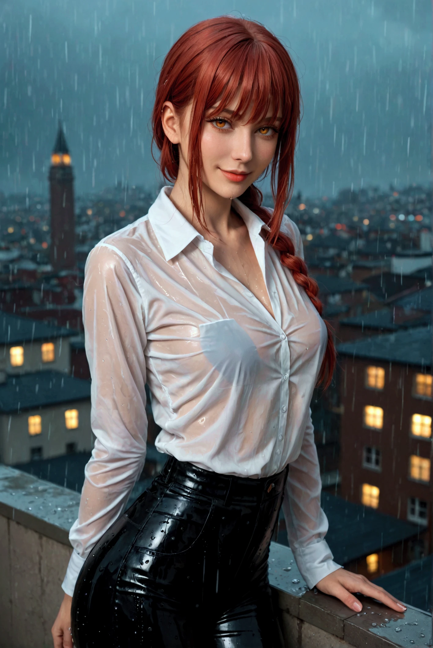 Chainsaw Man,Makima,With bangs,Red Hair,Braids at the back,Golden Eyes,White long sleeve shirt,Black tie,Black Leather Pants,Ultra HD,super high quality,masterpiece,Digital SLR,Photorealistic,Detailed details,Vivid details,Depicted in detail,A detailed face,Detailed details,Super Detail,Realistic skin texture,Anatomical basis,Perfect Anatomy,Anatomically correct hand,Anatomically correct fingers,Complex 3D rendering,Sexy pose,Rainy Sky,Beautiful scenery,Fantastic rainy sky,Picturesque,Pink Lips,smile,