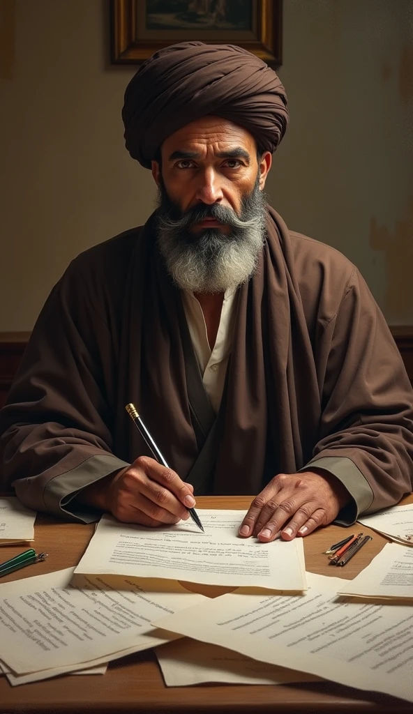 one male, mature arabian man, muslim leader, wearing dark brown turban and long robe, sitting and working on table full of papers, inside house background, (expressionism painting style, dramatic, full of emotion, highres, front view, low angle)