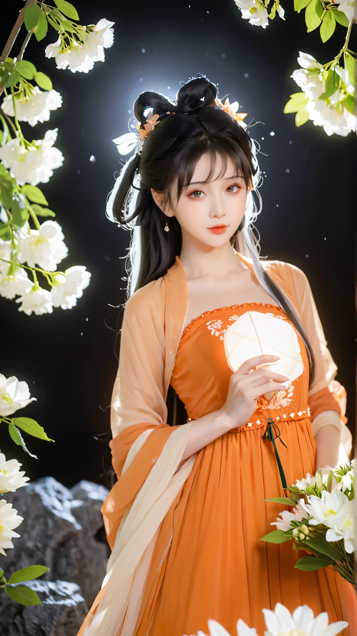 Wearing an orange dress、头发上有花朵的Anime Girl, very 美丽的Anime Girl, 美丽的Anime Girl, beautiful fantasy anime , Gu Weiss, Anime Girl, 美丽的Anime Girl, Very Beautiful Lovely Girl , Orange flowers, background blur, Anime style 4K, Anime fantasy work , 4k anime wallpaper, Guvez style artwork