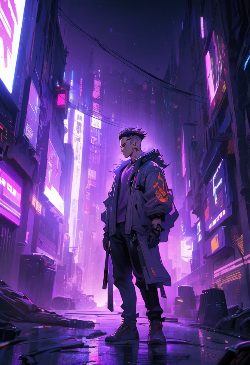 manhwa style, semi-realism, 1boy, dangerous, tatoos, shaved temples, handsome, Cyberpunk, dark street, purple mist, rays in mist, neon,