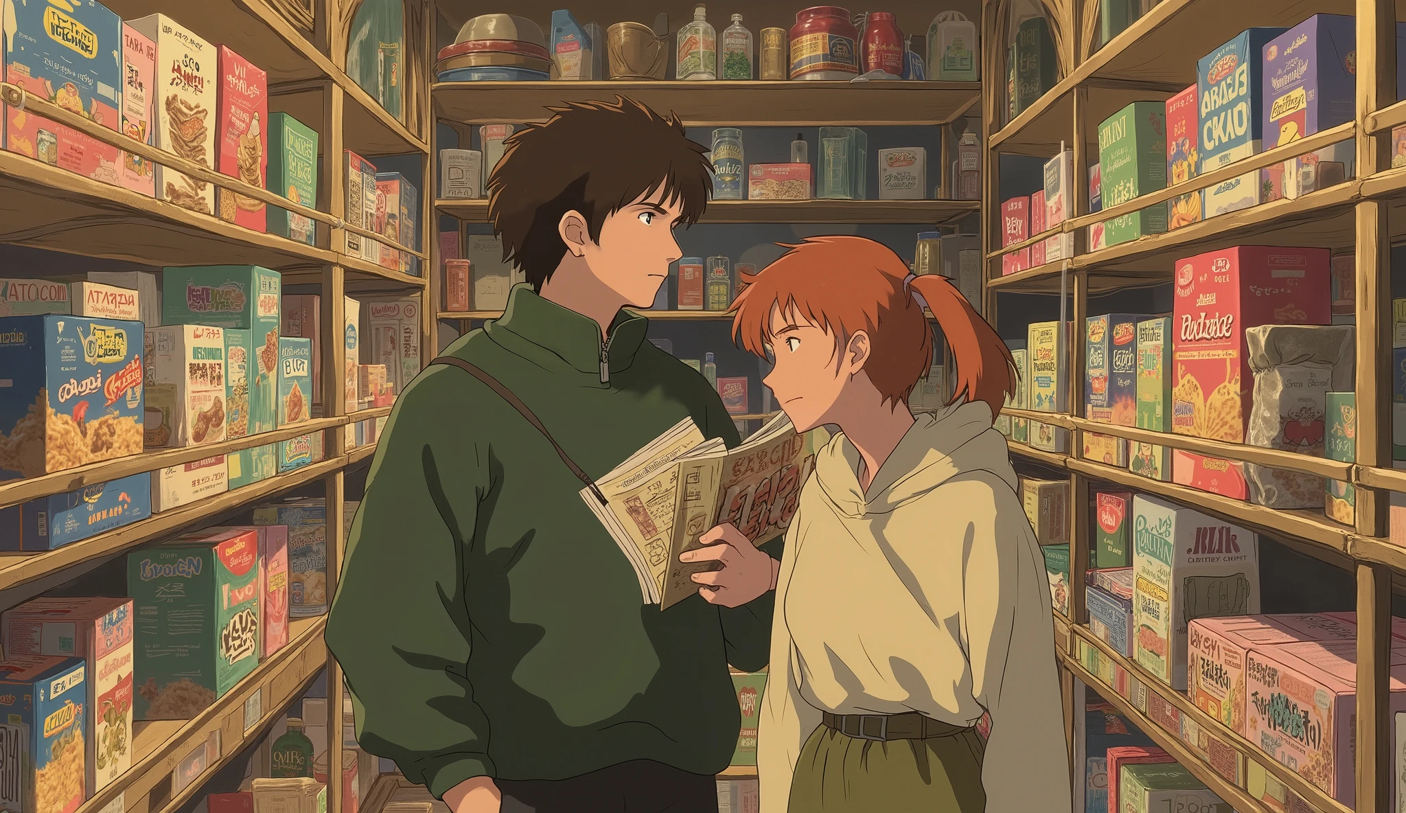 A cozy anime-style scene inside a retro convenience store. A young couple is browsing through shelves filled with snacks, magazines, and colorful products. The man holds a magazine while the woman looks thoughtfully at the items. The shelves are lined with nostalgic packaging, like colorful candy and instant noodles. The lighting is warm and diffused, creating soft shadows and a relaxed atmosphere. The background subtly fades to enhance focus on the characters and the shelves.