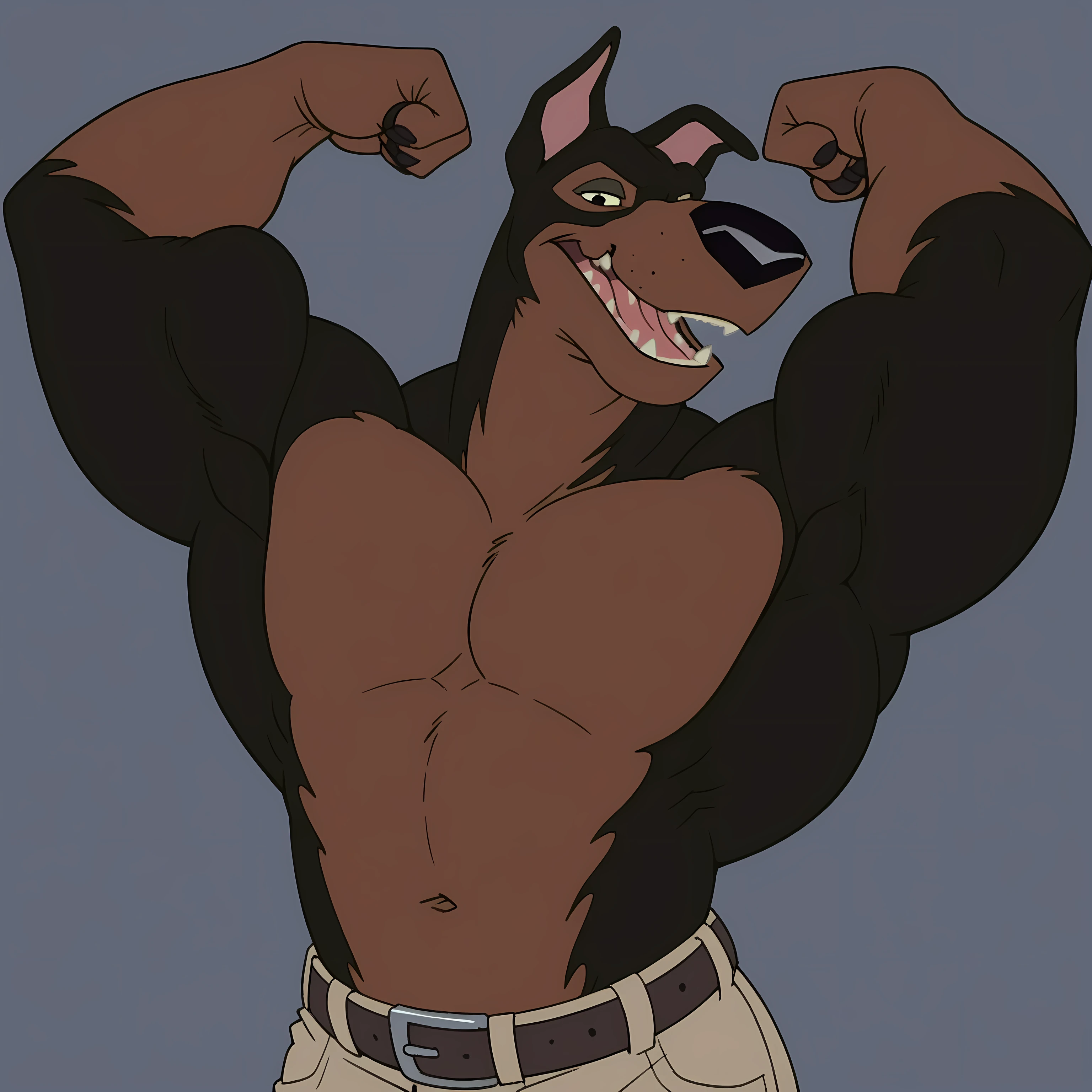 BusterLT, furry, anthro, anthro body, canine, doberman, black eyes, black nose, black body, black fur, brown body, brown fur, two tone body, two tone fur, pink inner ear, solo, heavyweight body, ((very muscular, muscles)), (flat colors, no shading), simple background, detailed, posing, looking at viewer, smile, strong posture, shirtless, bare chest, belt, pants, muscular neck, half body, half view, flexing biceps, flexing arms, big pecs
