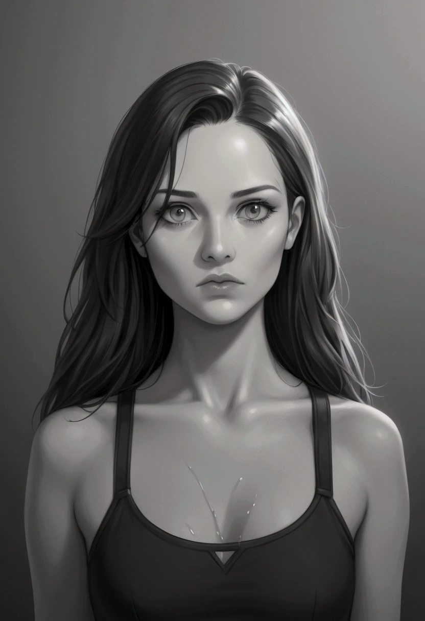 (Best quality,4K,A high resolution,Masterpiece:1.4), Monochrome style, ((Best quality, 8K, Masterpiece: 1.3)), full bodyesbian, Focus Clear: 1.2, Excellent aesthetics: 1.4, Slender abs: 1.2,  Black tank top, Highly detailed face and skin texture, Detailed eyes, A masterpiece of double eyelids for hair, High details, Sketch 1 with a pencil.4, Ink Sketch 1.4,, High-detail lighting, Slight smile, Fair skin, Isolated in a spacious space, Wide white margins