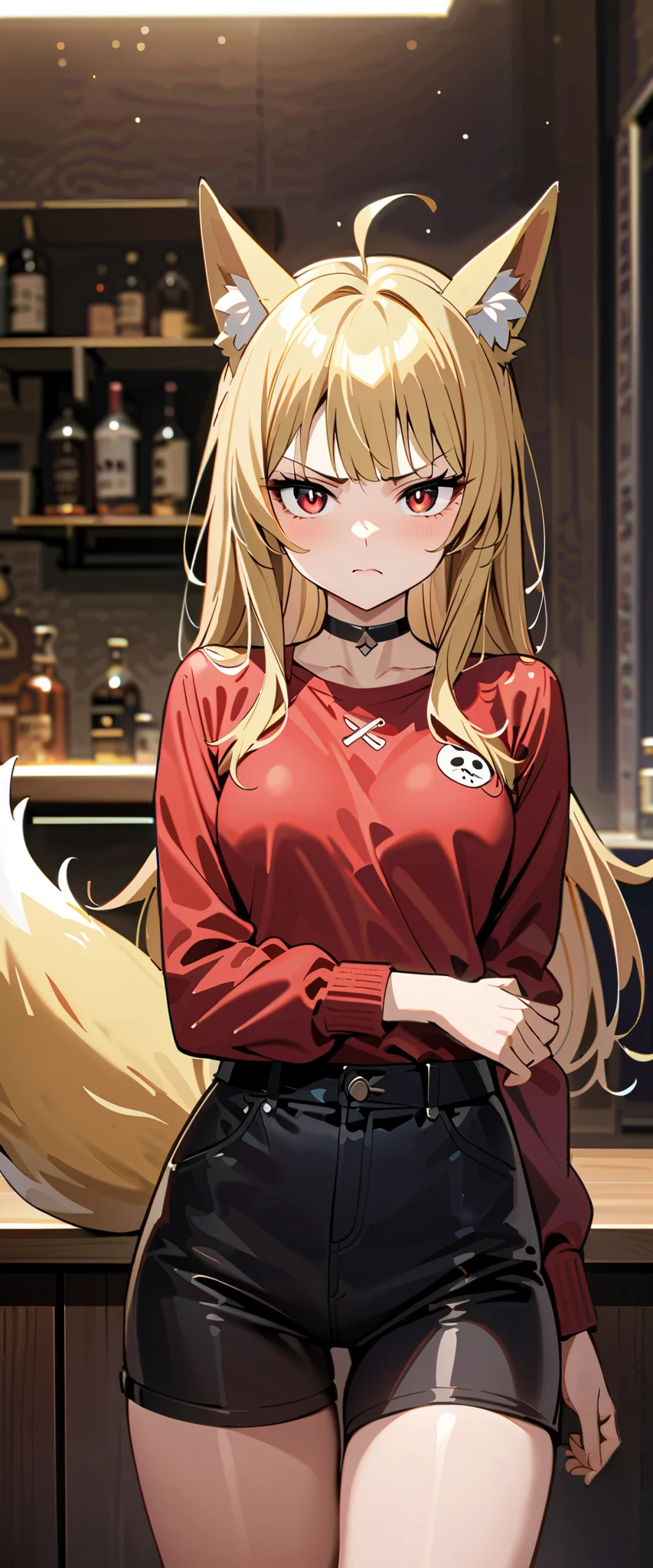 (high-quality, breathtaking),(expressive eyes, perfect face) 1girl, female, solo, maomao, cowboy shot, medium full shot, blonde hair color, alluring red eyes, long hair, flat chested, small breasts, small stature, fox ears, fox tail, mature, small Ahoge, bar counter background, Black leather biker jacket, red knit one piece shirt, black Shorts, annoyed face, mean expression, looking towards viewer, HD, High quality image, dusty particles floating around, black choker,