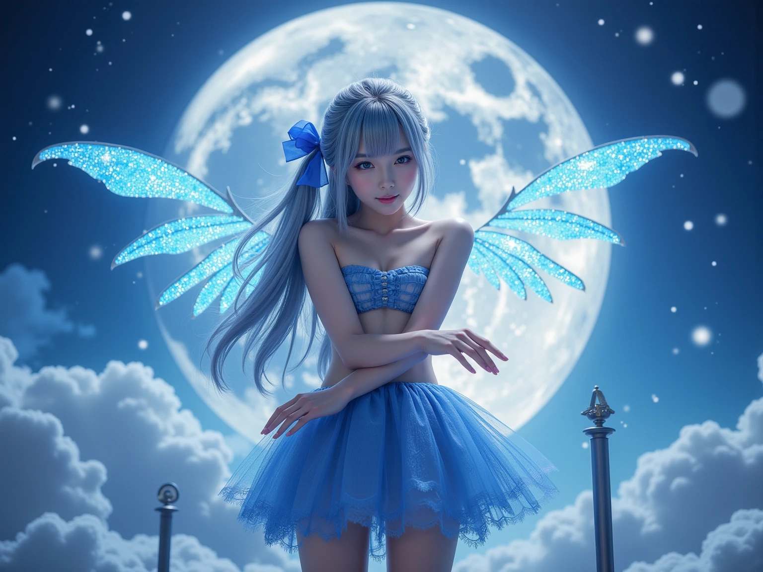 (8K、Live shooting、realistic:1.25)、1 girl、Tinkerbell looks like a 22 year old girl with a beautiful face、on top of an old castle、The moon is out、(silver hair、dance in the air:1.2)、fairy wings are transparent、whole body、luminous bikini swimsuit、Shorts swimsuit、lip gloss、Glossy skin、highest quality、ultra high resolution、
