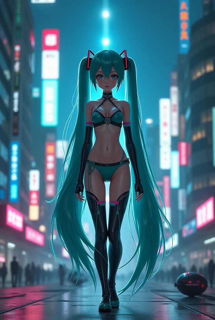 (quality)), ((masterpiece)), Recommended resultsluffly、(see through:1.5)、whole body 、Swollen nipples,straighten your back、huge bust、angle to floor:1.2、low camera angle、Hair loss on crotch、Whole body facing the camera,Hair can be seen on the crotch,Hatsune Miku,cyberpunk