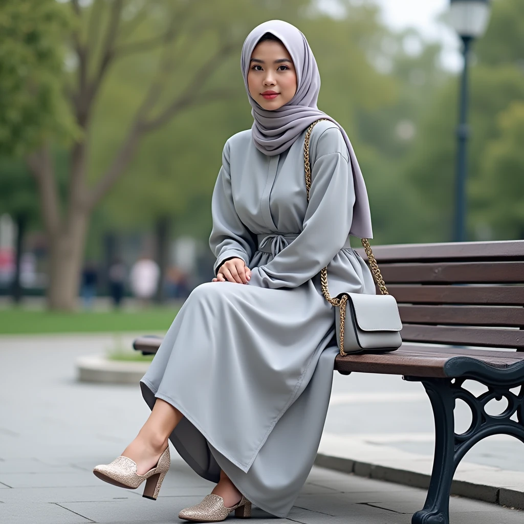 Please make me a realistic photo of a woman in a light gray hijab dressed in an elegant light gray robe sitting facing forward ((full body professional gemoy)) on an outdoor bench with a city park background, embellishments on shoes, and accessories of a shoulder bag with chain sleeves, while armresting.