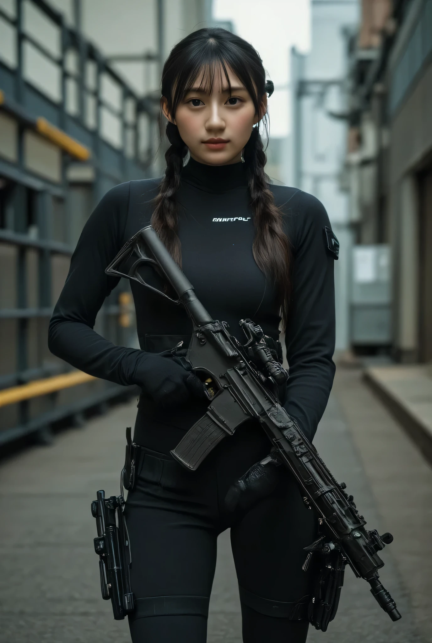 (((Super high leg bodysuit in the style of a SWAT unit from the near future:2.0))),(( Shiny Ultra High Leg Bodysuit :1.5)),cami style ,(( carefully depicts limbs based on perfect anatomy)),Nearly naked,((  leotard:1.9)),((ear monitor:1.5)),(((Tactical Holster:1.5))),( gloves:1.5),( one woman ), cute face,Beautiful well-balanced face ,( 20 year old Japanese woman), ( Glamorous Shots of Japanese Women ),( Slender Beautiful Body :1.5),( model body type),(( big breasts:1.5)),( Accurate Depiction of Natural Nipples ),(firm nipples ),(((Bare thighs:1.8))),((Voluptuous thighs:1.5)),( delicate body:2.0),((Very sensual:1.5)),(Hold up a futuristic laser rifle:2.0),(( perfect body line)),(( Ideal Proportions )),リアルな肌の質感,( natural big breasted :1.5),( black hair:1.5),( beautiful eyes:1.3),((whole body)),(( Shrimp:1.5)), crotch penetration,(( super high leg )),A harmonious posture,(((masterpiece:2.0))),( best quality :1.5),( high resolution:1.5),(UHD:1.5),( movie lights:1.5),( Delicate Depiction),(( accurate finger depiction )),((( a high-leg bodysuit made of tight latex that fits the body :2.0)),(  carefully drawn with butterfly wings ))),32K,  chicken, ultra detail,((超 high resolution)), Draw eyelashes carefully, ( very detailed face:1.5),((Highly detailed female hand:1.8)),(Wear a military jacket with an open front over a blade runner style night :1.5), night view,( Dark cyberpunk atmosphere :1.5),((( blurry background:1.5))),(Sexy appearance:1.5)