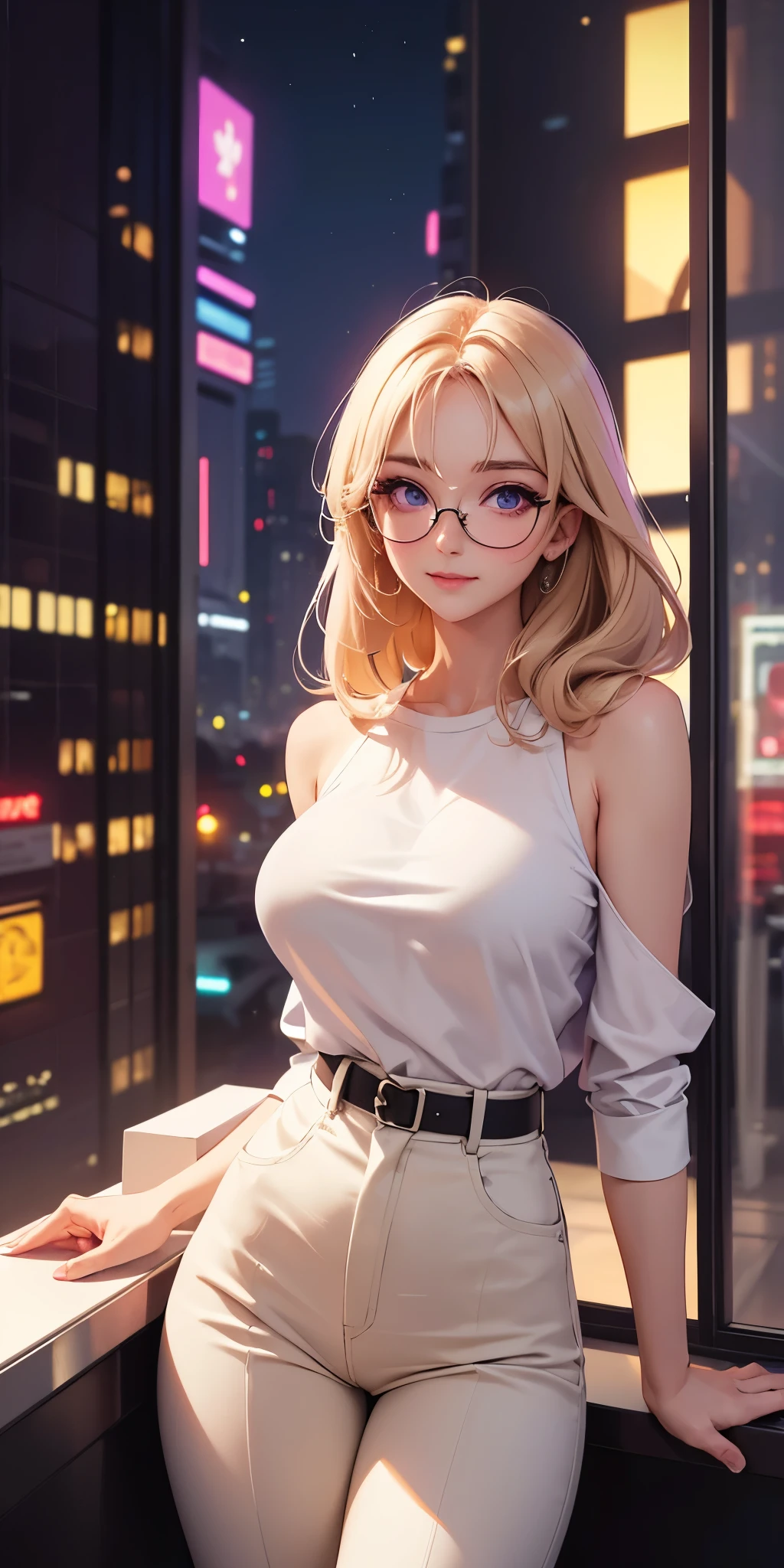 (masterpiece:1.3), high resolution, ultra detailed, extremely detailed CG unity 8k wallpaper, realistic, photo-realistic, RAW photo, beautiful detailed face, pale skin, realistic glistening skin, detailed cloth texture, detailed hair texture, Perfect body, Beautiful Face, accurate, Anatomically correct, Highly detailed face and skin texture, natural neck length, (beautiful hands), (fair skin:1.2), Thin legs, Thin feet,
BREAK,
Detailed eyes, symmetric eyes, Light Brown eyes, Double eyelids, Thin eyebrows, (Glossy lips:1.4), (gently smile:1.2),
BREAK,
(nsfw:1.2), (A Classy and Cute girl:1.3), (1 girl, one girl), ((wearing a sleeveless high neck midriff sweater:1.3)), (White pleated mini skirt), (long boots), (wearing glasses:1.1),
(medium large breasts, slender figure, firm abs, firm breasts:1.2), beautiful clavicle,
(blonde hair, wavy hair, long hair:1.3), ((asymmetrical bangs:1.2)),
BREAK,
((dancing inside the night club at Roppongi in Japan:1.3)), (((Very dim lighting, Colorful neon lights))), (From below:1.2), (looking down at viewer:1.2), ((Focus on face:1.2)), (Full body shot:1.2),