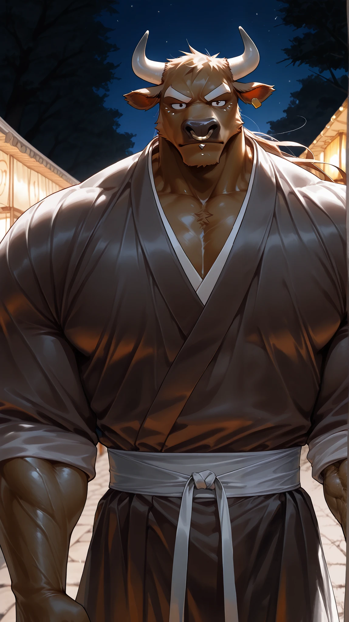 sexy mature daddy, tanned-skin, big bulge, darker skin, stubble, muscular, best quality, masterpiece, super high resolution, detailed background, realism, illustrations, single, 1 boy, torii, muscle, volumetric lighting, depth of field, facial hair, ryu, white clothes, black belt, light particles, massive bulge, starry sky, martial artist, sweating, short hair, perfect eyes, bare feet