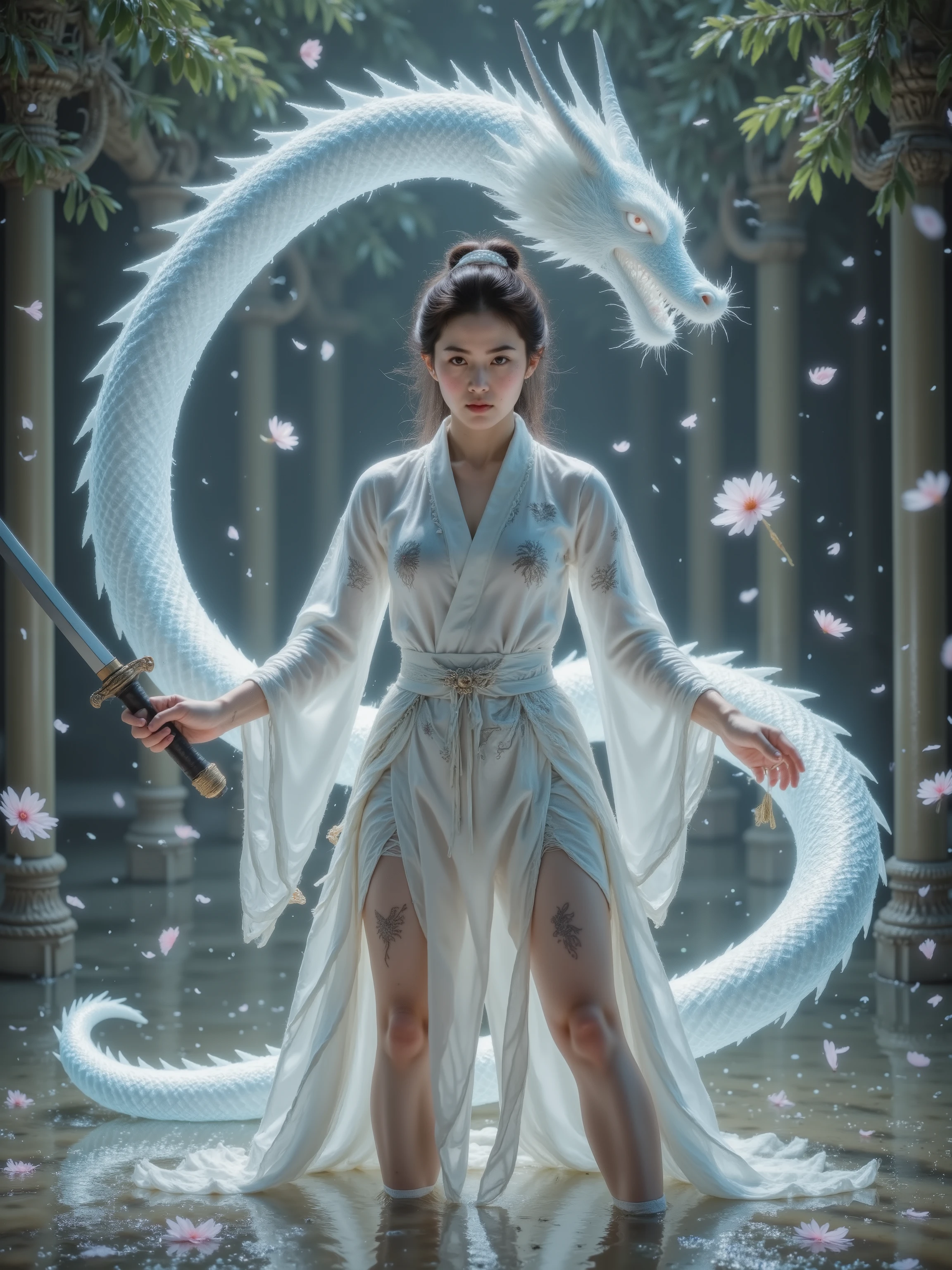 A serene Japanese girl, aged between 18-25, stands knee-deep in a tranquil pond, her slender figure reflected in the still water. Her determined face, adorned with subtle freckles and a slight sheen of perspiration, is framed by loose, raven-black hair. A majestic water dragon, its scales shimmering in hues of turquoise and emerald, coils around her waist, rising up to her head like a mythical mantle. The faint, ethereal glow of her ancient sword, its blade etched with mystical symbols, illuminates her focused expression, while numerous scars on her arms and torso testify to her tenacity and dedication to the art of sword play. The atmosphere is tense with anticipation, as if the very air is charged with the promise of a legendary duel. The cinematic scene is rendered in a warm, filmic color palette, with a shallow depth of field, bokeh effects, and a subtle vignette, evoking the nostalgic feel of Kodak Porta 400 and Cinestill 800 film stock, captured through the lens of a Leica M10.