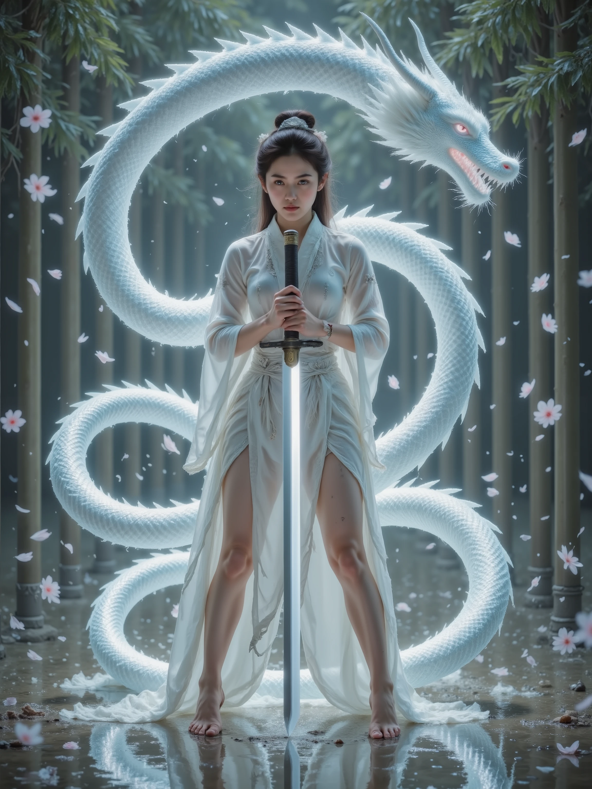 A serene Japanese girl, aged between 18-25, stands knee-deep in a tranquil pond, her slender figure reflected in the still water. Her determined face, adorned with subtle freckles and a slight sheen of perspiration, is framed by loose, raven-black hair. A majestic water dragon, its scales shimmering in hues of turquoise and emerald, coils around her waist, rising up to her head like a mythical mantle. The faint, ethereal glow of her ancient sword, its blade etched with mystical symbols, illuminates her focused expression, while numerous scars on her arms and torso testify to her tenacity and dedication to the art of sword play. The atmosphere is tense with anticipation, as if the very air is charged with the promise of a legendary duel. The cinematic scene is rendered in a warm, filmic color palette, with a shallow depth of field, bokeh effects, and a subtle vignette, evoking the nostalgic feel of Kodak Porta 400 and Cinestill 800 film stock, captured through the lens of a Leica M10.