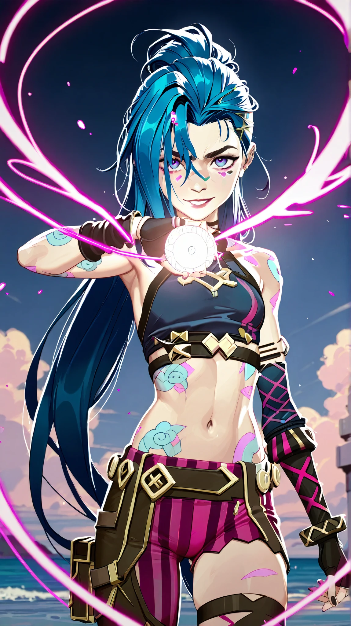 Générez une description créative et ludique d'un personnage inspirée du concept de "nu jinx" by Arcane , sexy, Seductive and on the beach . Emphasize her playful nature , Dynamic energy, and her unique fashion sense in a light and artistic way . Make sure the description highlights her role in the story with explicit content.