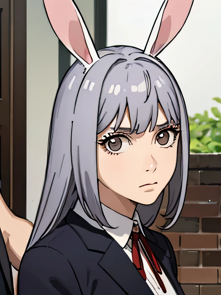  Woman , indonesian , beautiful, gray hair ,  long hair ,  brave ,  great curiosity, has bunny ears, facing forward, rabbit man, face jutek