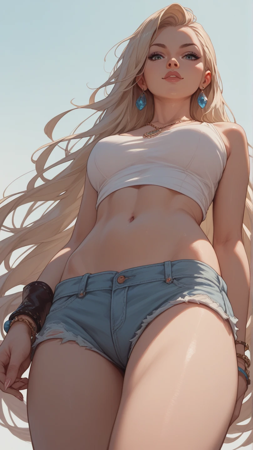(最high quality, 8K, masterpiece: 1.3, Ultra HD, high quality, 最high quality, High resolution, realism)) 、25-year-old Caucasian female、Platinum Blonde、blue eyes、long hair、smile、slender、slenderだがアスリートのような細マッチョな身体、I want my head to stay off screen、Wear accessories on your wrist、Wearing red nail polish、I have a peticure、High neck/Halter neck((high neck halter neck))Wear topy abs are ripped、The belly button is visible、Wear a low-rise miniskirt、Wear sneakers、Thunderhead clouds on blue sky background、Low - Angle