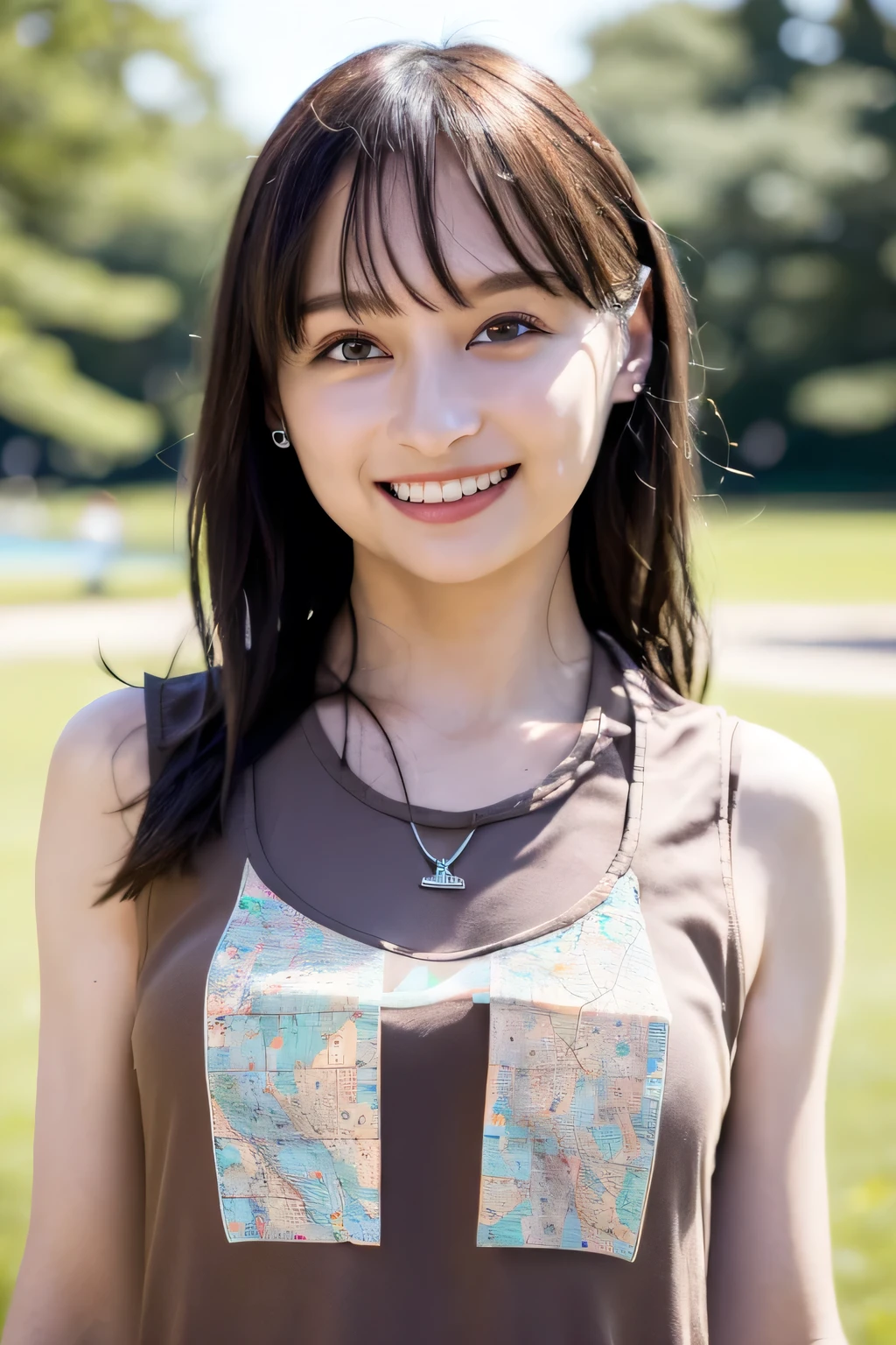 1 girl, (I'm wearing a casual tank top:1.6),( RAW photos , best quality ), ( realistic, photo- realistic:1.4), Masterpiece, extremely delicate and beautiful, very detailed on trends, 2k wallpaper, wonderful, detailed depiction , very detailed on trends CG unity 8k wallpaper, ultra detail, high resolution, Soft light, beautiful girl with great attention to detail , very detailed on trends eyes and face, beautiful detailed nose with blue sparkles, beautiful eyes in every detail ,(In the park in the evening:1.8), Complete anatomy, slender body,(smile:1.4),( close:1.2),( Audience ),( Front Map:2.0), Cinematic Angle,(Wavy long hair),( brown eyes:1.7),( standing:1.4),( Cleevidge :0.6), (Exposing the abdomen:0.8),