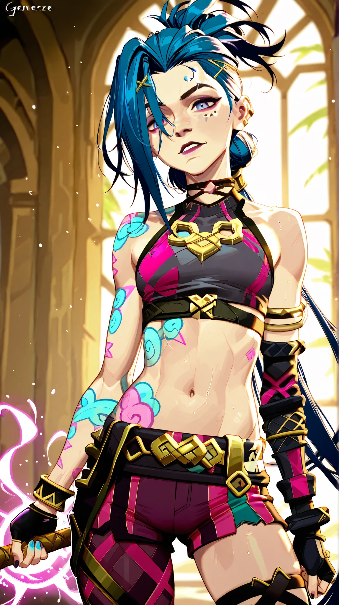Générez une description créative et ludique d'un personnage inspirée du concept de "nu jinx" by Arcane , sexy, Seductive and on the beach . Emphasize her playful nature , Dynamic energy, and her unique fashion sense in a light and artistic way . Make sure the description highlights her role in the story with explicit content.