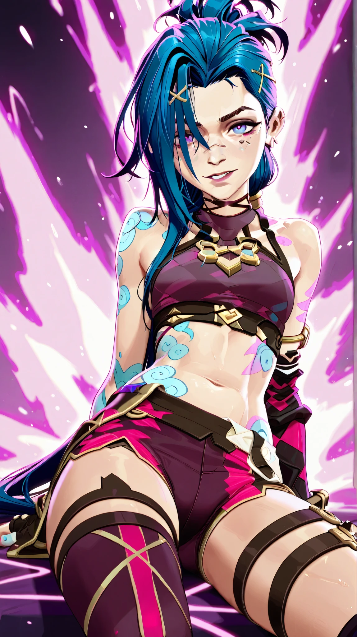 Générez une description créative et ludique d'un personnage inspirée du concept de "nu jinx" by Arcane , sexy, Seductive and on the beach  .  Emphasize her playful nature  , Dynamic energy,  and her unique fashion sense in a light and artistic way  .  Make sure the description highlights her role in the story with explicit content.