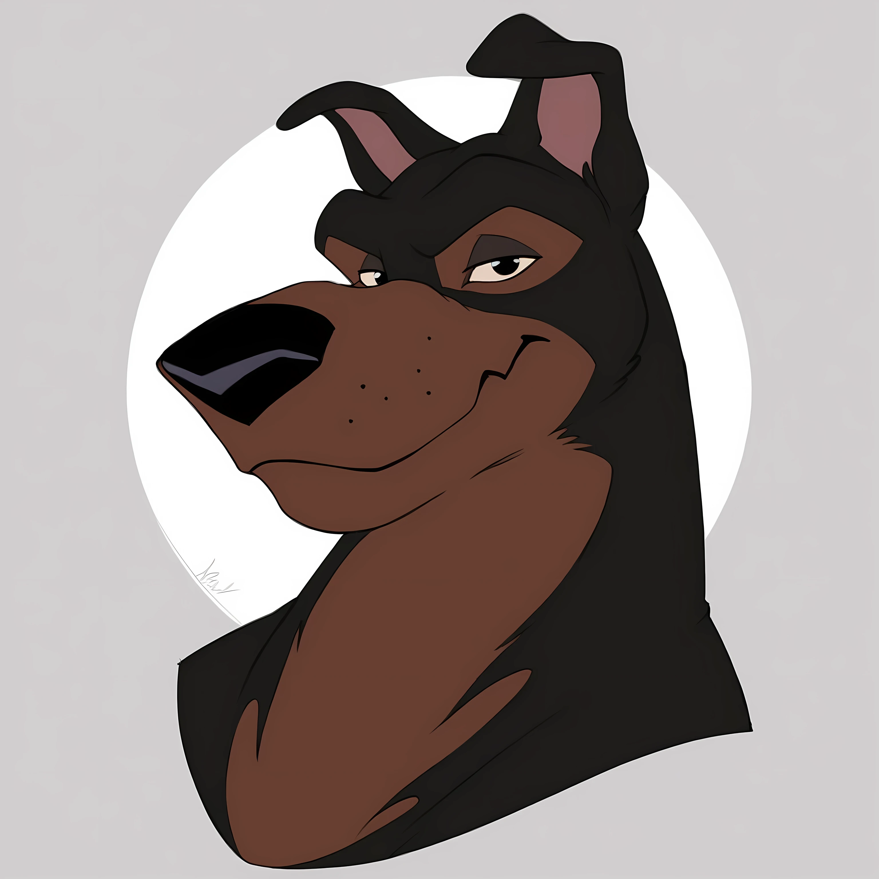 BusterLT, furry, canine, doberman, black eyes, black nose, black body, black fur, brown body, brown fur, two tone body, two tone fur, pink inner ear, headshot, flat colors, simple background, detailed, looking at viewer, closed mouth, smile, muscular neck,