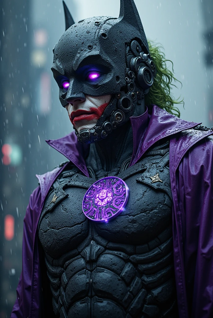 gloomy portrait of Cyborg Joker from DC with intricate angular cybernetic implants inside a brutalist building, gothic brutalist cathedral, cyberpunk, award-winning photo, bokeh, neon lights, cybernetic limb
