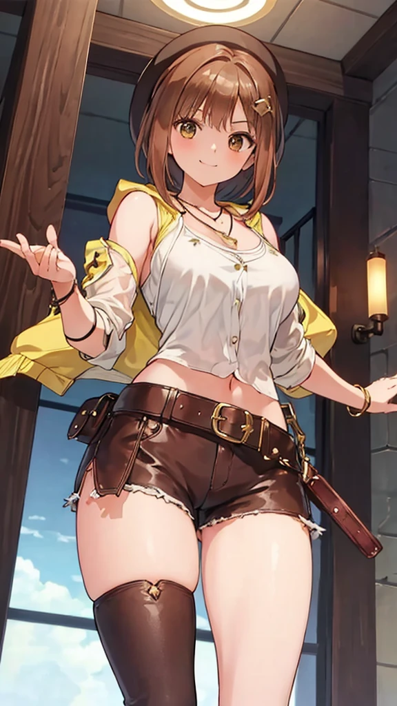 1 chica, ryza, taller, alquimista, boina blanca, pantalones cortos, botas sobre la rodilla