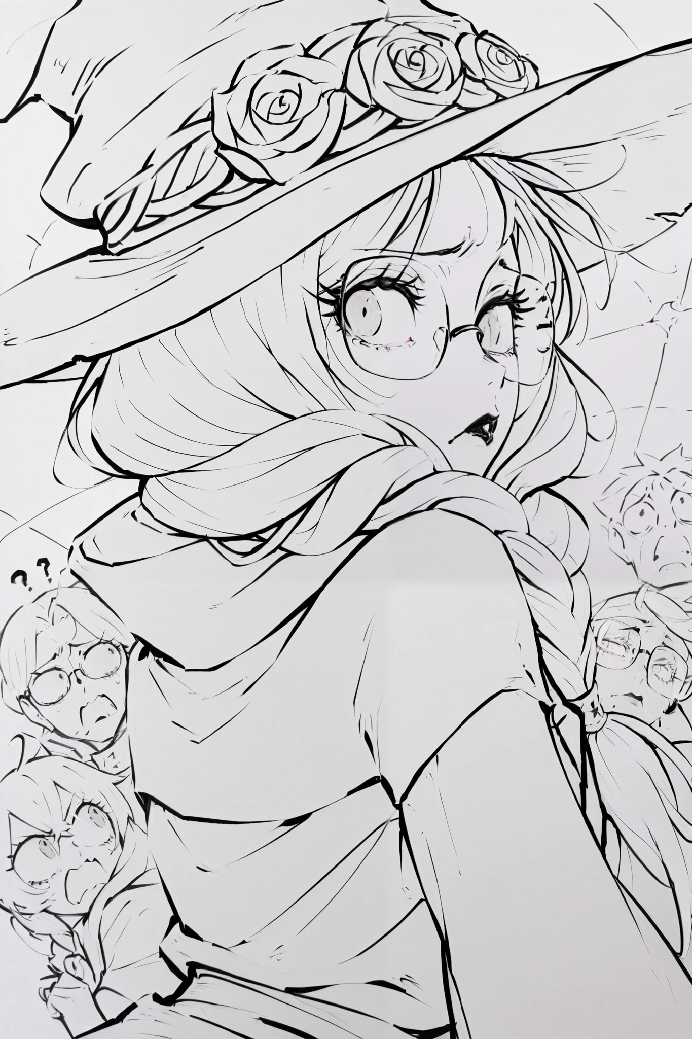 score_9, score_8_up, score_7_up, score_6_up, score_5_up, score_4_up,
BREAK
(masterpiece: 1.0), best quality, perfect anatomy, perfect composition, perfection,
BREAK
line-art, lineart, monchrome, greyscale, masterpiece.
BREAK
1girl, perplexed expression, round glasses, looking back, from behind, tight clothes, high angle, confused, white hair, long eyelashes, long hair, braid over shoulder, witch hat, witch dress, Cute, black lips, grey eyes