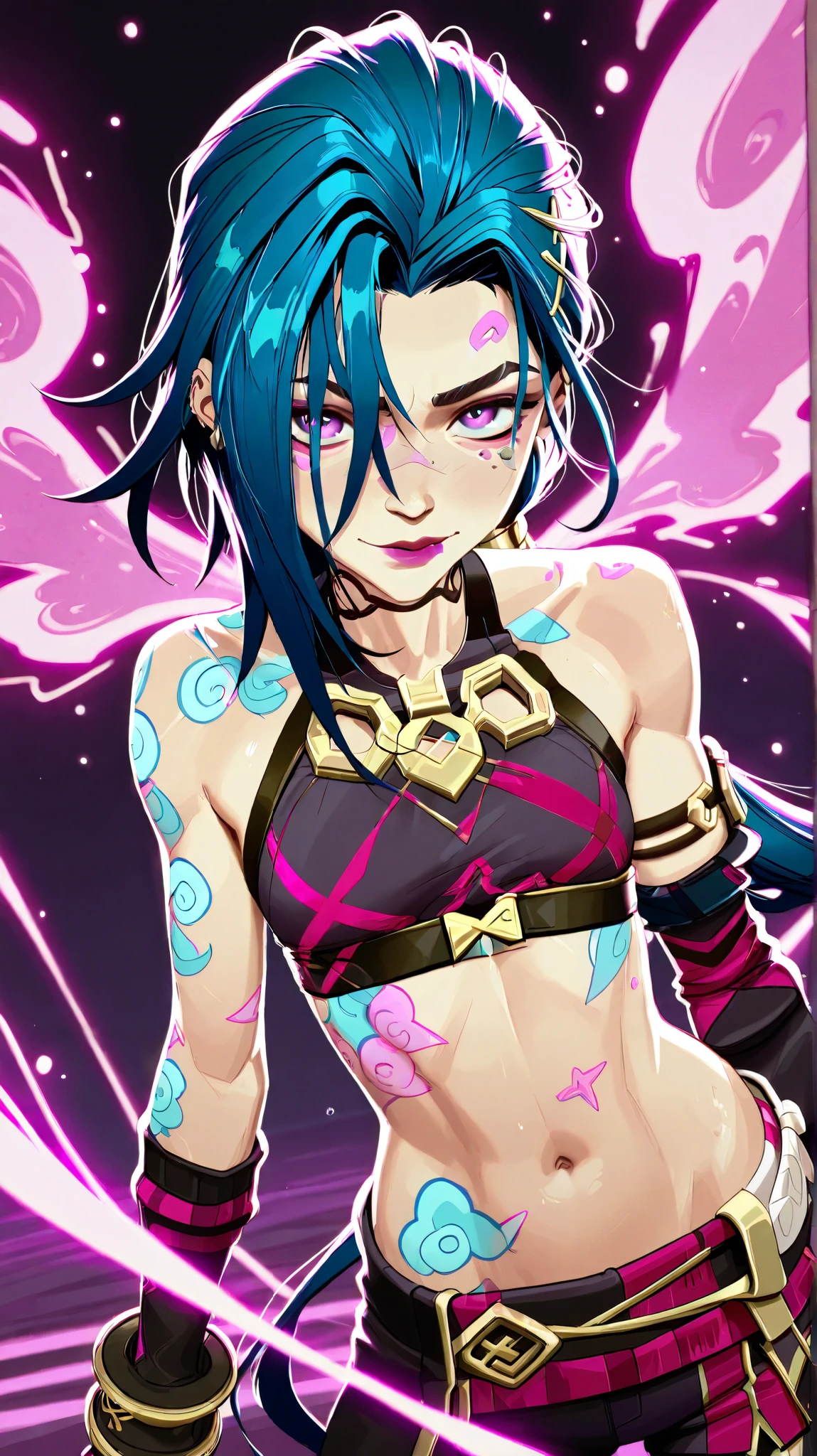 Générez une description créative et ludique d'un personnage inspirée du concept de "nu jinx" by Arcane , sexy, Seductive and on the beach . Emphasize her playful nature , Dynamic energy, and her unique fashion sense in a light and artistic way . Make sure the description highlights her role in the story with explicit content.