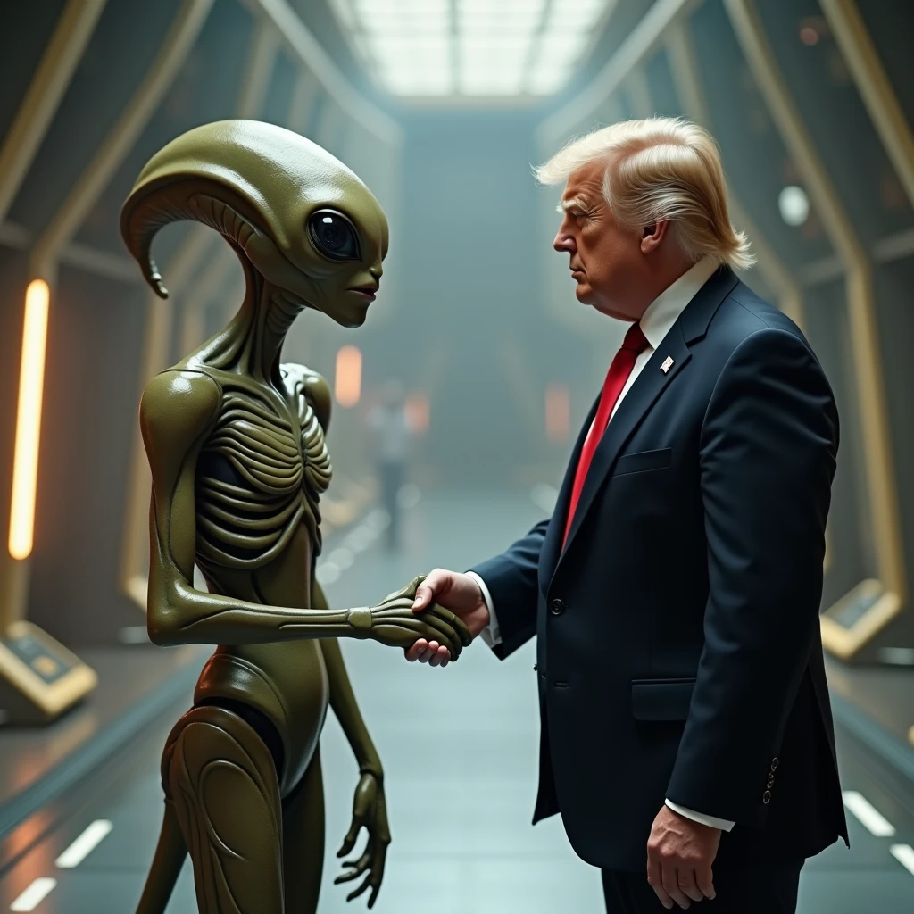Alien shaking hands with a man in a suit
