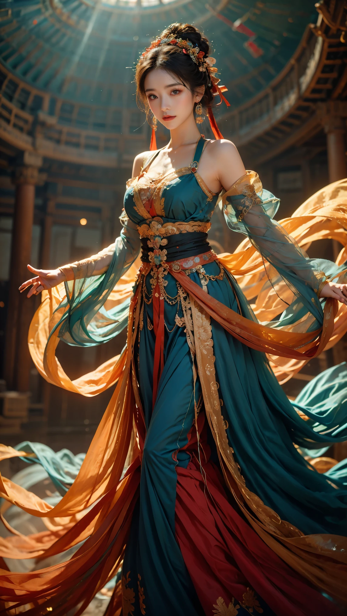 1girl,dunhuang,
masterpiece,best quality,32k uhd,hdr,dtm,cinematic lighting effects,wide shot,wide-angle lens,super vista,super wide angle,exquisite facial features,super delicate face,best fingers,