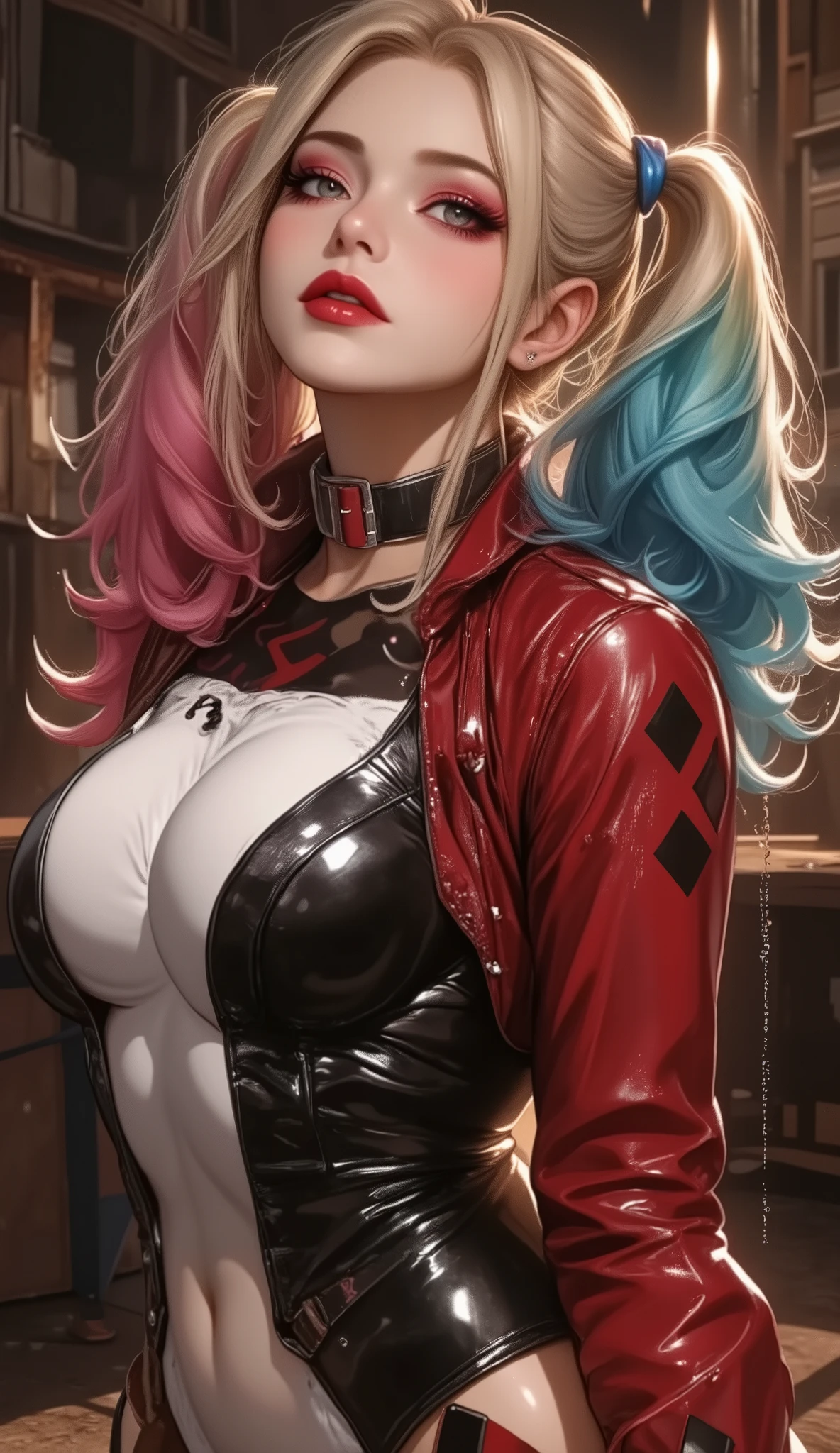 RAW photo, (Random shot, full body in frame, Side view focus), (harleyquin, Big breast , hot body, posing sex, realistic ) random posing, stylish, cool, cute, sexy),