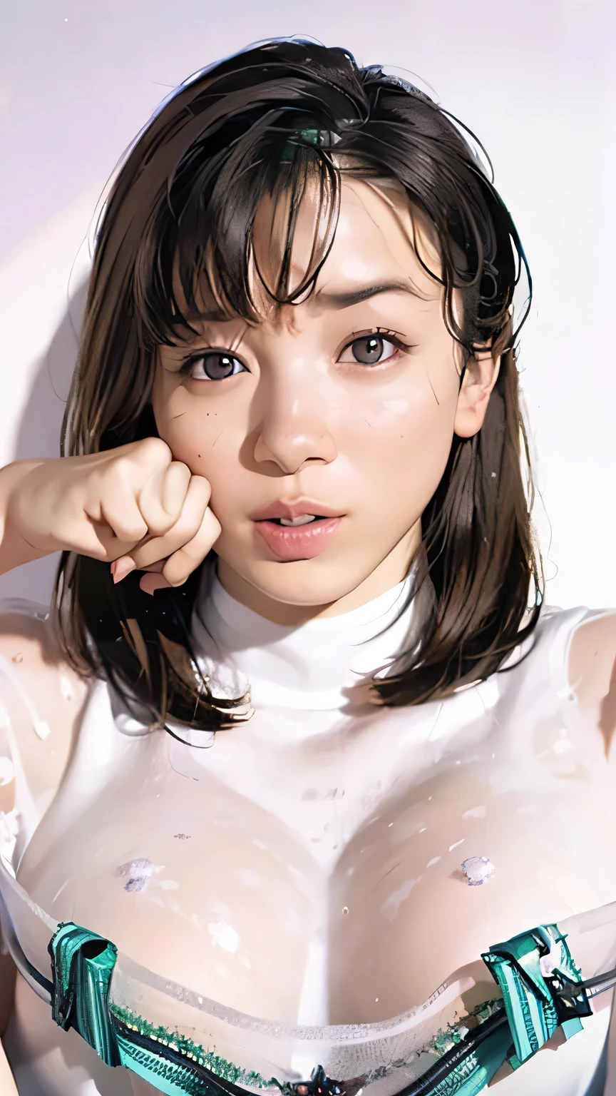 photographrealistic,(One young beautiful Japan girl, Black and shiny hair、short-haired、),(fullnude:1.4),(Distant gaze:1.2),Wavy hairstyle,Slim waist,soft makup, Instagram (Photorealistic, High resolution:1.2), Looking at Viewer 、all-fours、I'm giving a、inmouth 、Open your mouth wide to show the back of your throat、Wet with sweat all over the body、Perfect body、tiny chest、ssmile、Feeling ecsecise human body structure、Super close-up of the face