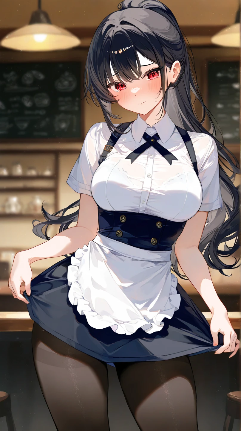 最high quality、best image quality、masterpiece、age girl((18-year-old、 By becoming、vest bust、medium bust,wide open breast tea、black eye, black hair、long hair、thin,highest valley、black clothes、serious face)),high quality、beautiful art、background((white wall)),debris flies、Depth of written boundary、movie、visual art、perfect art、8K,genuine