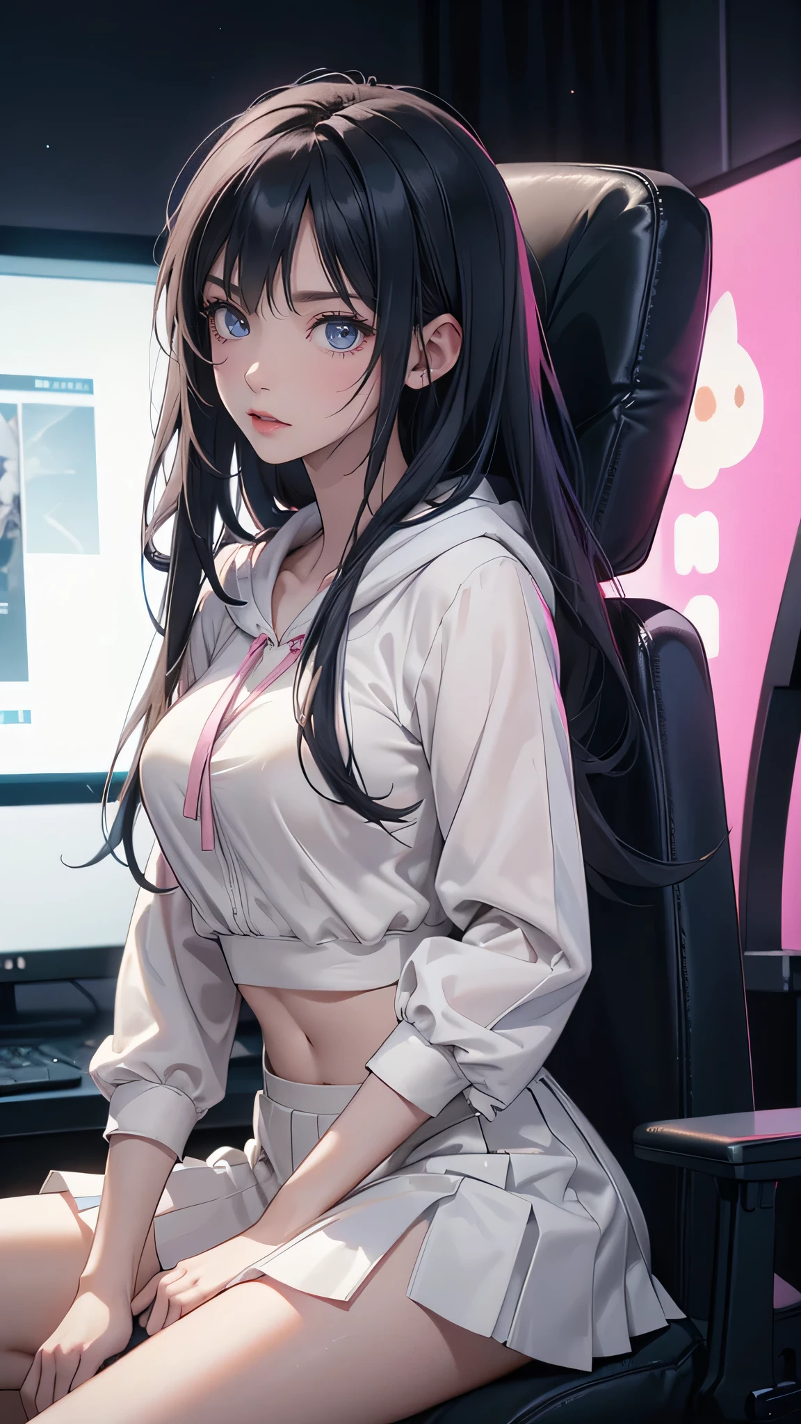1girl, ((blue eyes)), (european girl ), sensual expression, wide hips, small breasts , big ass, (Best Quality, 8k, Masterpiece: 1.3)) ) , Clear Focus: 1.2, Perfect Body Beauty : 1.4, Slender Abs: 1.2, Wet Body: 1.5, Highly detailed face and skin texture, detailed eyes, double eyelids, (long Black hair), (sexy White hoodie), (White skirt), gamer hello kitty headphones, gamer girl, in a pink gamer room, pc gamer, (sitting in gamer chair :1.4), valorant game on screen, (realistic Photography)Alta resolución, Cabello rubio, Lazo de cabello, Alta resolución, Cabello largo, Rubor, realistic