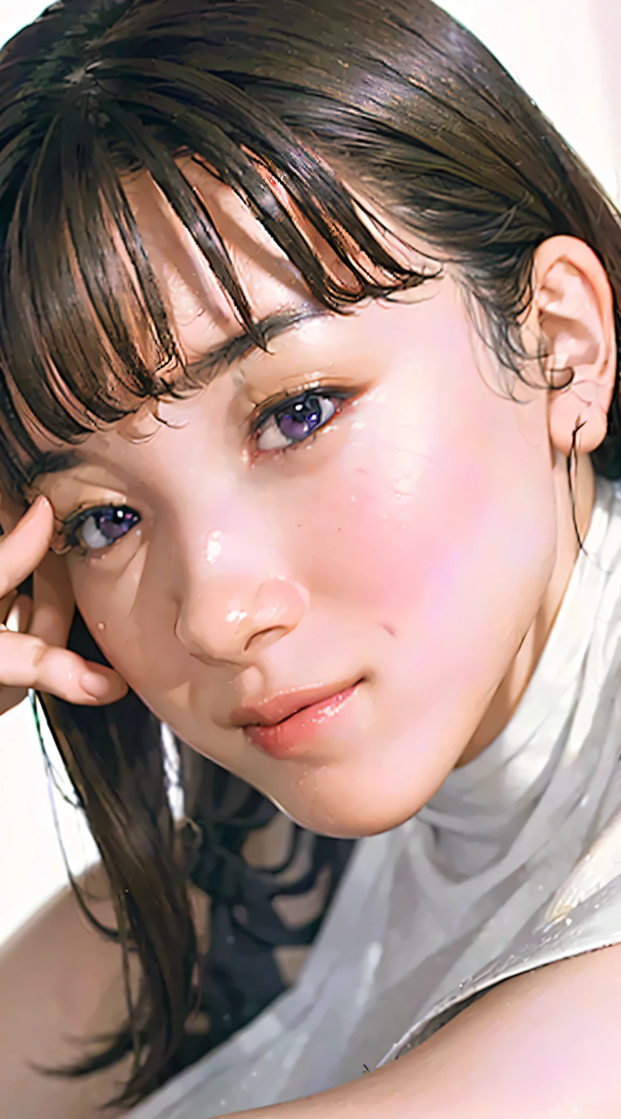 1 Girl, medium boobs, Starry Eyes, (8k, RAW Photos, High sensitivity, best quality, masterpiece, ultra high definition , Realism: 1.25), , ( Very detailed CG Unity 8K wallpaper , best quality, high definition : 1.2), (ultra_ Details, 超 high definition : 1.2), perfect lighting, personal , ( 1 Girl: 1.4), ( cute girl: 1.2), Unreal Engine , side lights, Gray Hair, purple eyes, perfect face, Detailed face, perfect body, beautiful eyes , Facial beauty, (Light Skin: 1.4), Idol, (whole body), See-through t-shirt, transparent,