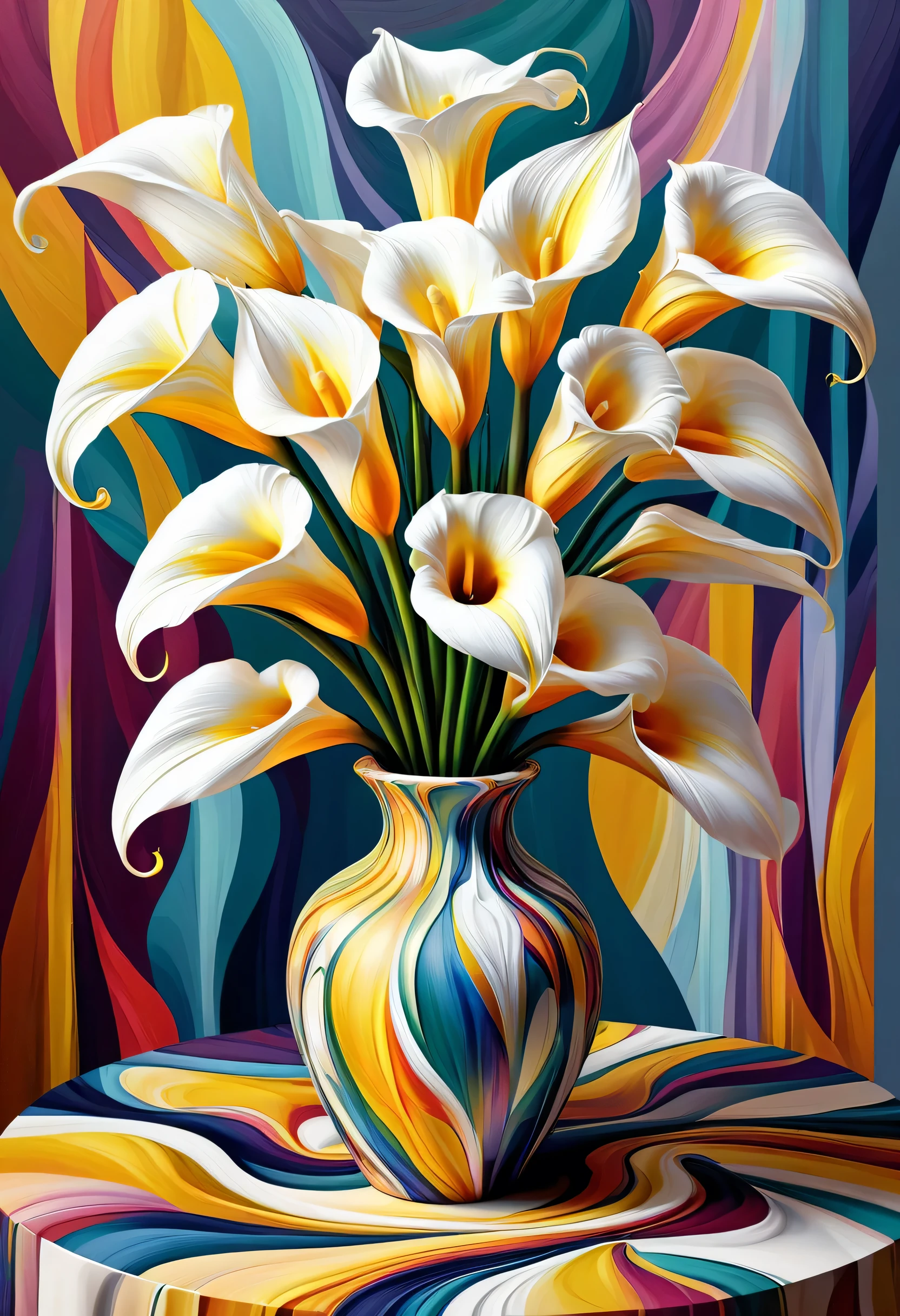 There is a vase acrylic painting with Zantedeschia aethiopica on a table, Elegant flowers, beautiful aesthetics, Elegant digital painting, magical flowers, Beautiful flowers, beautiful art, incredibly beautiful, cubist, colorful, vector art