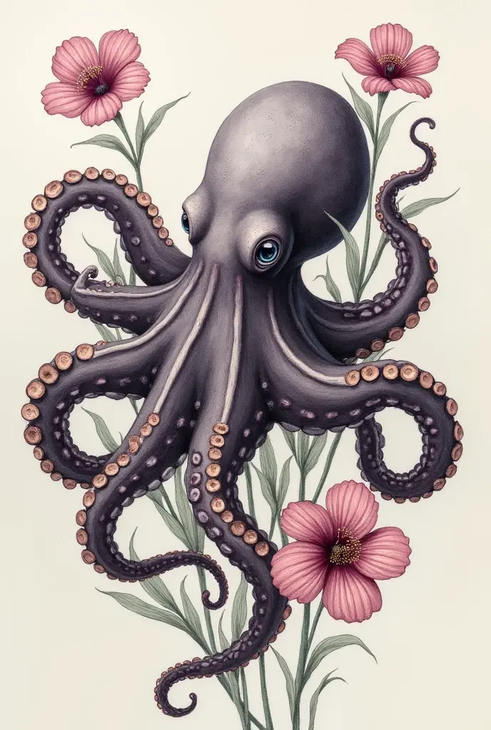octopus, realist, Sketch, detailed, touch, with flowers around