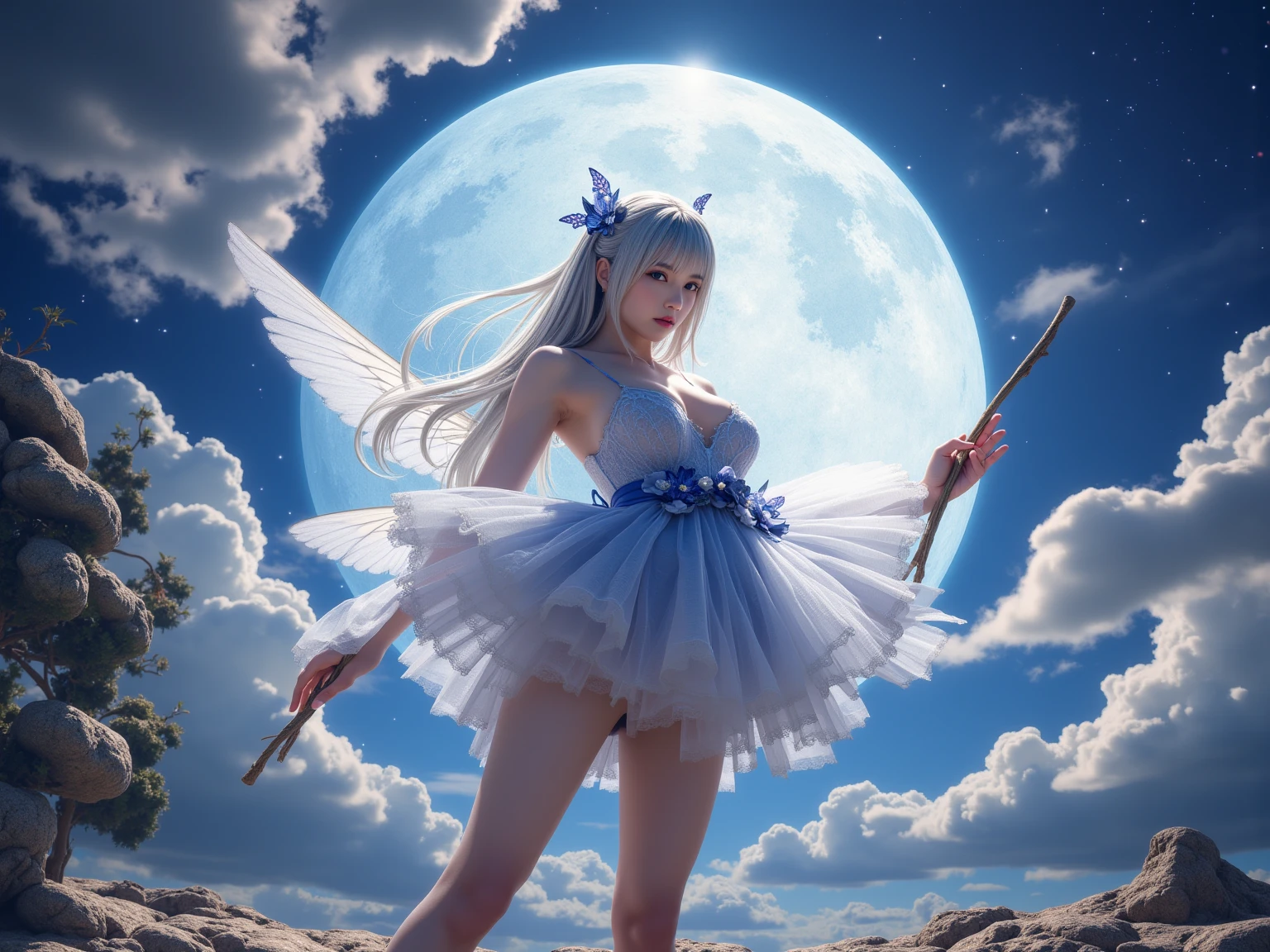 (8K、Live shooting、realistic:1.25)、1 girl、Tinkerbell looks like a 22 year old girl with a beautiful face、night view、on top of an old castle、angle from below、The moon is out、(silver hair、dance in the air:1.2)、Fairy wings are transparent and sparkling、whole body、swimsuit covered with feathers、lip gloss、Glossy skin、highest quality、ultra high resolution、