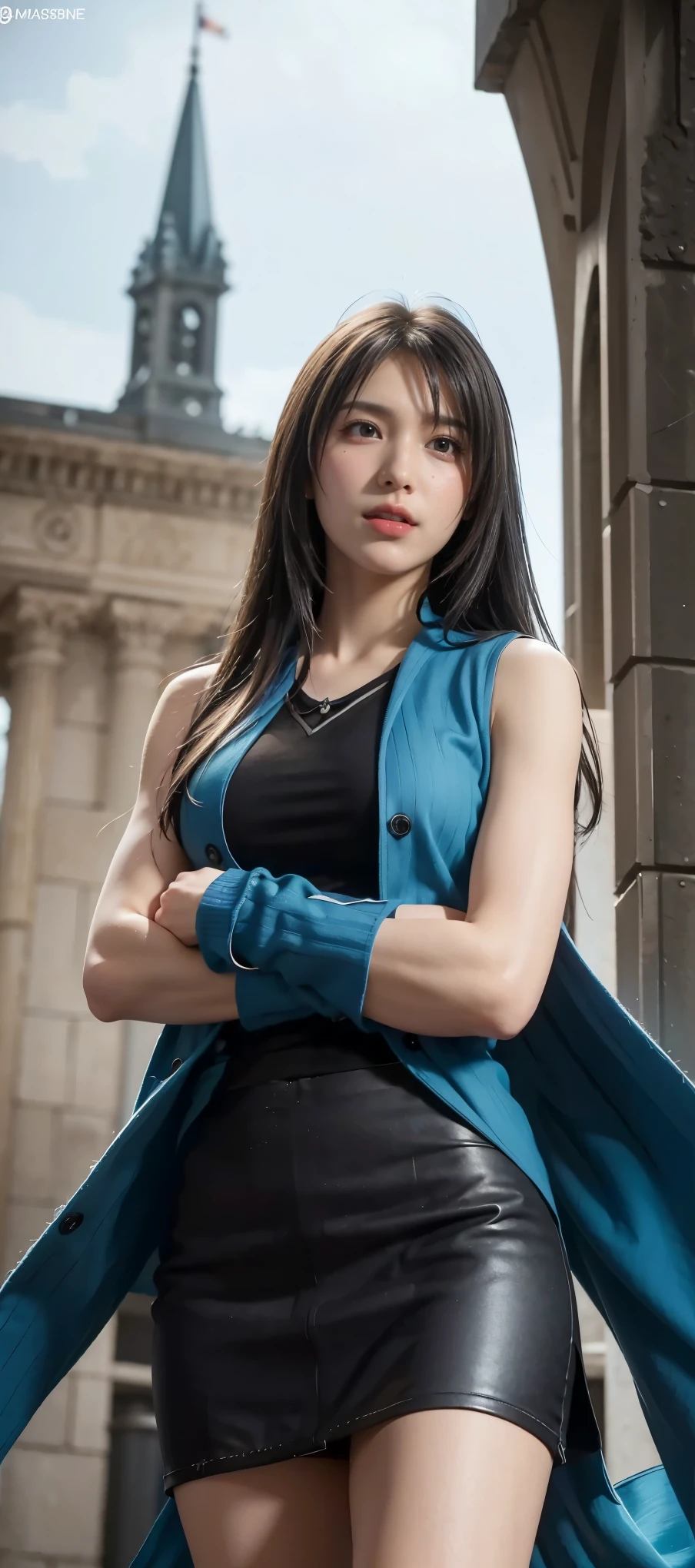 (arms close.).((lower body from below))、Be brave in the face of strong enemies、masterpiece, best quality, Rinoa, arm warmers, sleeveless coat, black shirt, blue skirt, arm ribbon,
masterpiece, best quality, ultra detailed, realistic lighting
. outdoor campus